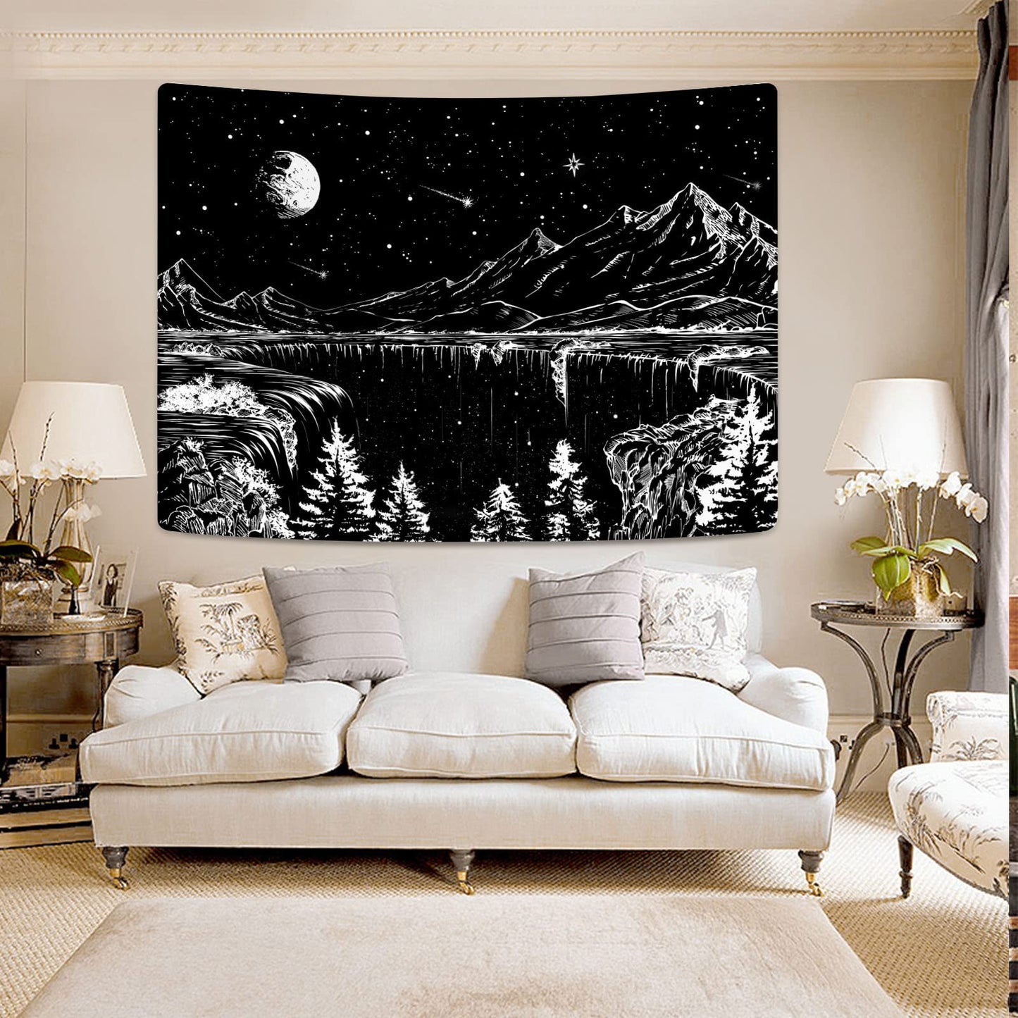 Zussun Black and White Tapestry Starry Night Mountain Tapestries for Bedroom Aesthetic Moon and Stars Tapastry's Wall Hanging Dark Nature Forest Wall Tapestry for Living Room Dorm (48'' × 36'')