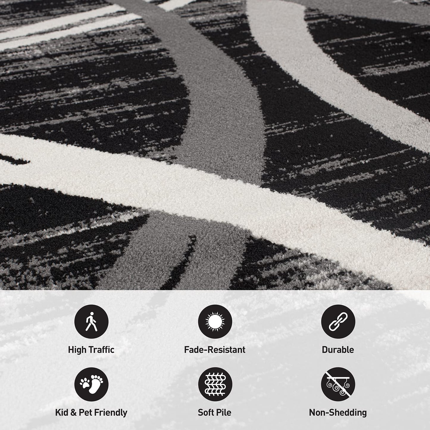 Rugshop Modern Wavy Circles Design Runner Rug, Non-Shedding Carpet for Hallway, Entryway, or Kitchen, Black, 2' x 7'2"