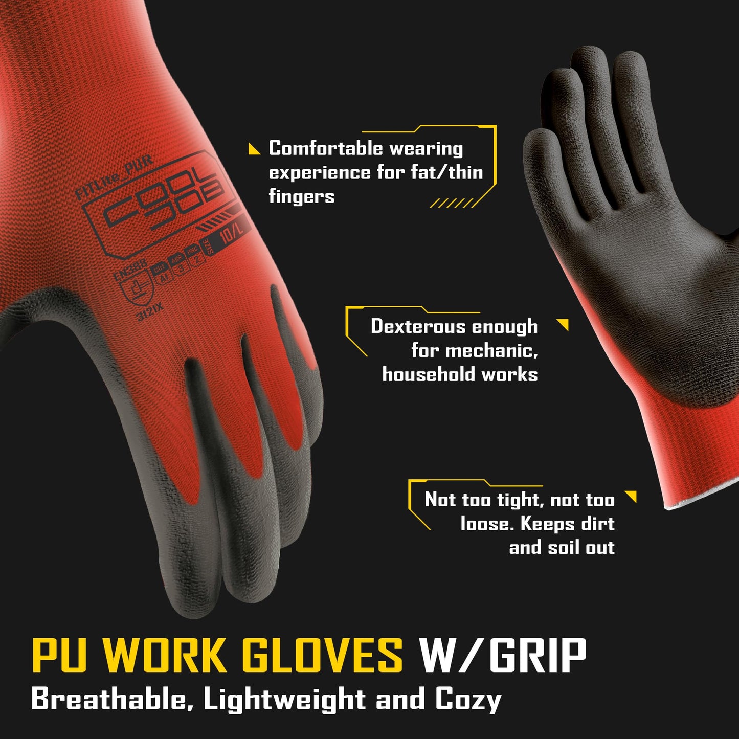 COOLJOB 12/60 Pairs Safety Work Gloves Pack Bulk with Grip PU Coating, 13 Gauge Seamless Knit Gloves with Polyurethane Dipped for Warehouse Working, Breathable Lightweight for Men Women, Red Large