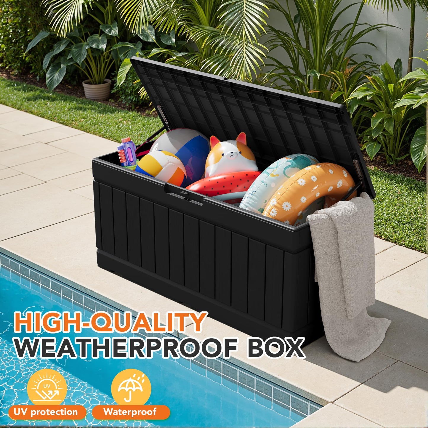 Acurax 78 Gallon Deck Box Outdoor Indoor Waterproof Storage Box for Patio Furniture, Pool Accessories, Garden Tools, and Cushion Storage, Black