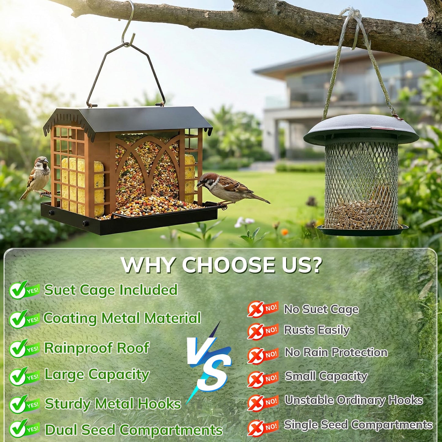 Bird Feeders for Outdoors Hanging, Metal Bird Feeder with Double Suet Cage Weatherproof Metal Roof, 3.5Lbs Large Capacity Great for Attracting Finch Cardinal Chickadee Wild Birds, Pinecone Brown