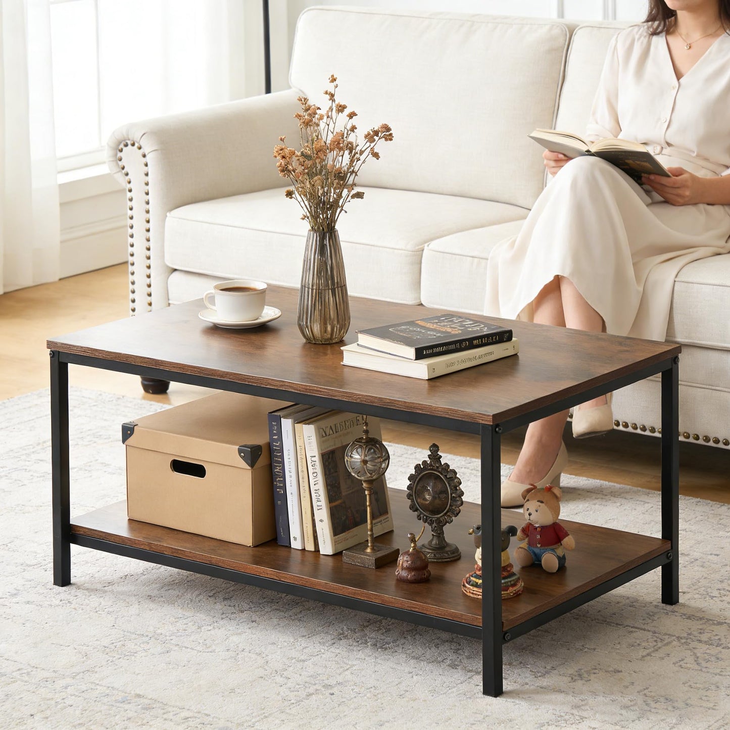 SUPER DEAL 2-Tier Industrial Coffee Table with Storage Shelf for Small Apartment Living Room, Rectangle Wood and Stable Metal TV Stand Side End Table, Rustic Brown