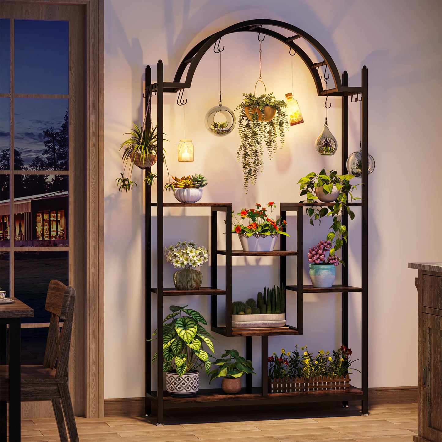 Tribesigns 5-Tier Tall Indoor Plant Stand, 74.8'' Arched Metal Flower Shelf with Hanging Hooks, Large Bonsai Pots Display Rack for Indoor, Balcony, Living Room