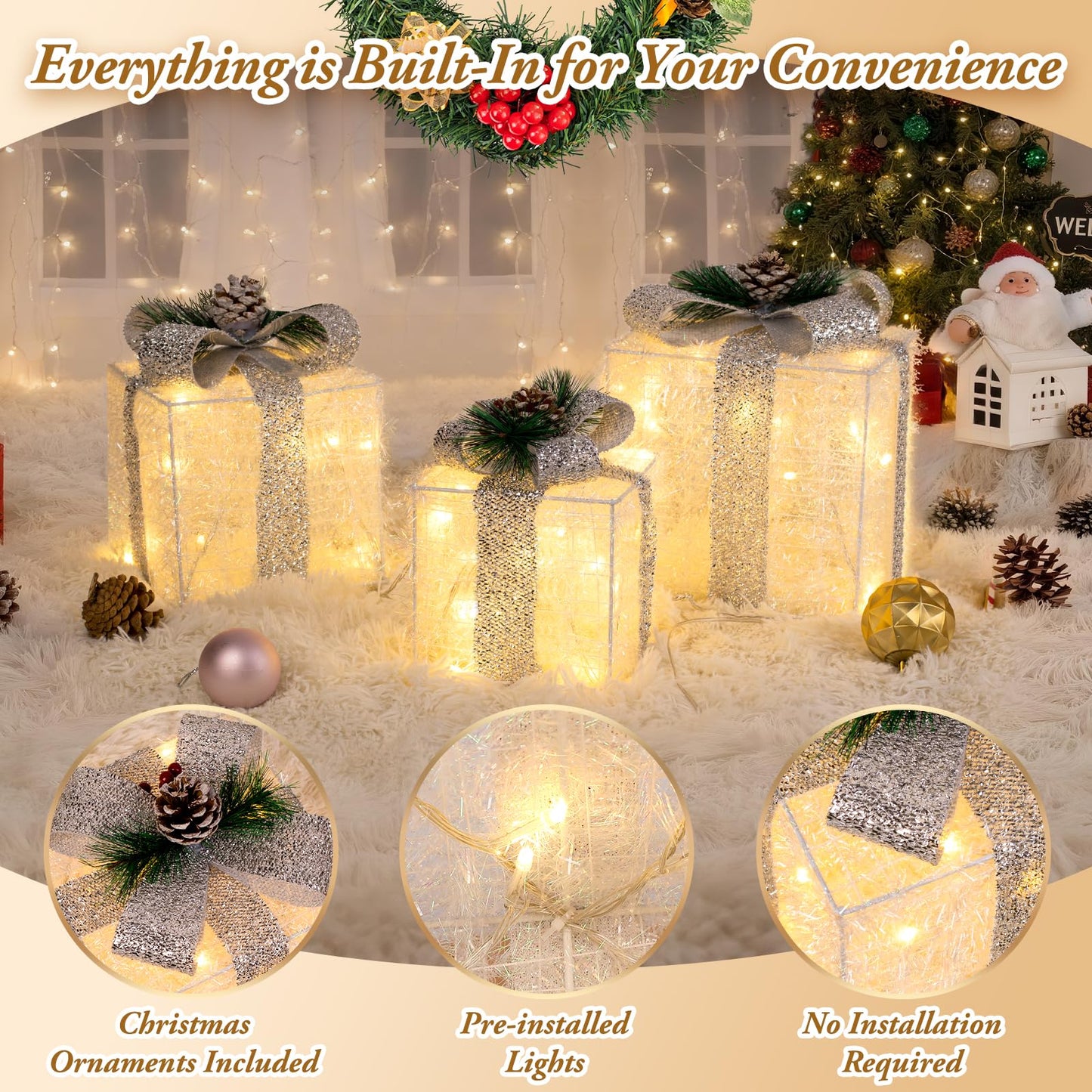 Towponics Set of 3 Christmas Lighted Gift Boxes with Plug, Indoor Outdoor Christmas Decorations with 60 LED Warm White Mini String Lights, Present Boxes with Silver Tinsel for Xmas Tree Porch Decor
