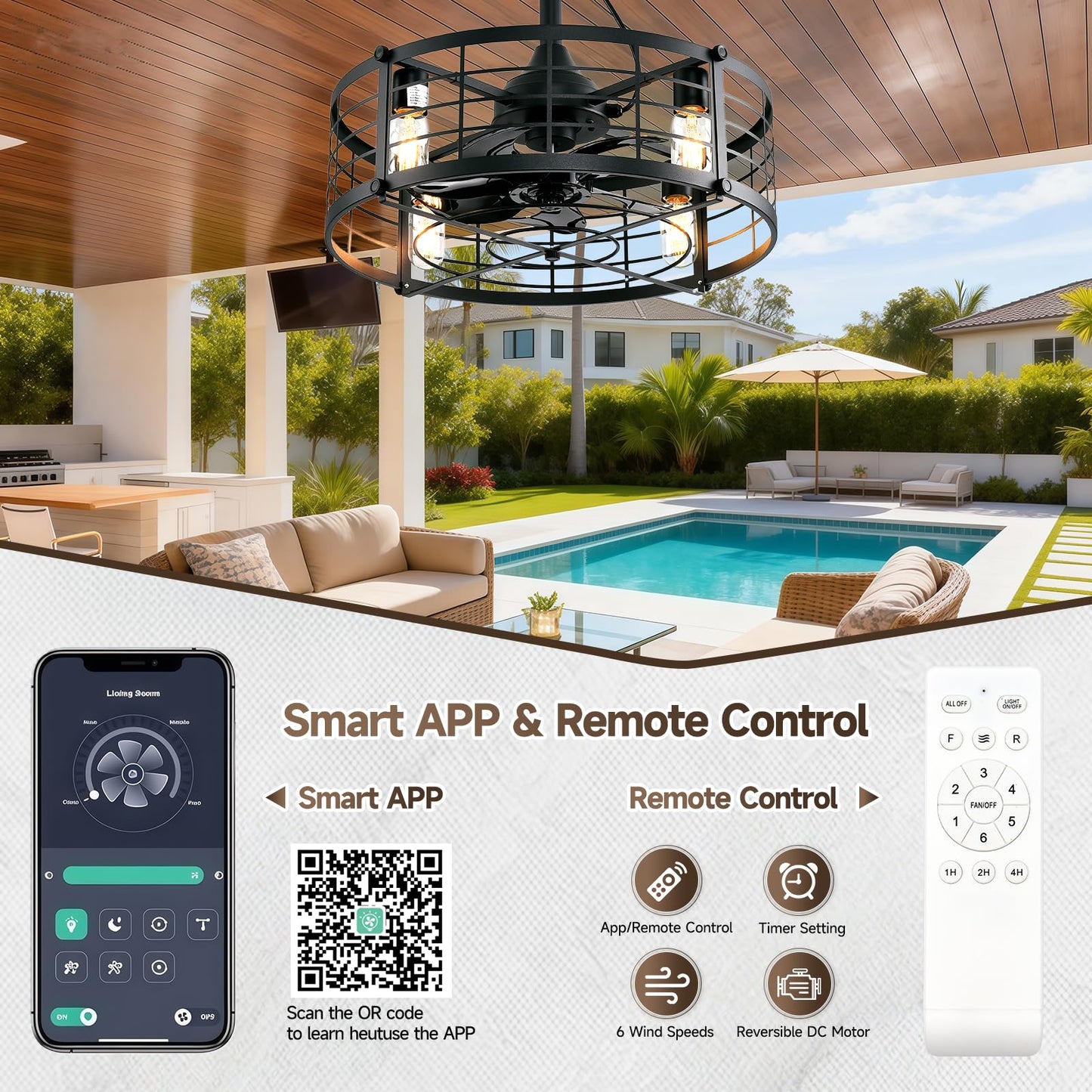 AHAWILL 20" Gazebo Fan, Outdoor Hanging Fan with Llight,6-Speed and Reversible,Plug in Ceiling Fan with Remote&APP,Cage Ceiling Fan with Light for Farmhouse,Gazebo,Patio,Warehouse