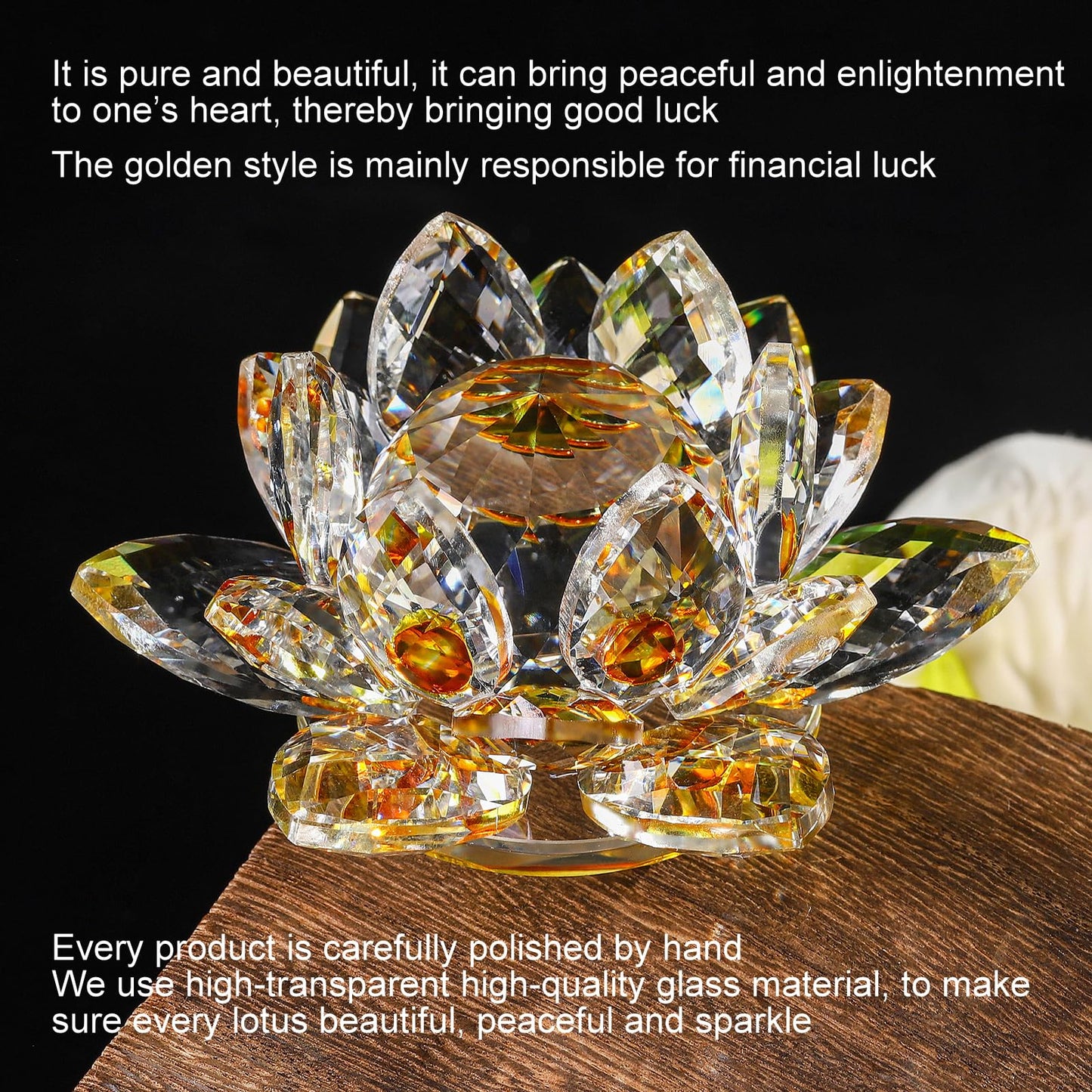 Sparkle Crystal Lotus Flower - 4'' Hue Reflection Clear Crystal Lotus for Feng Shui Home Decor Sun Catcher Ornaments or Paper Weight with Gift Box (100MM) Transparent Golden