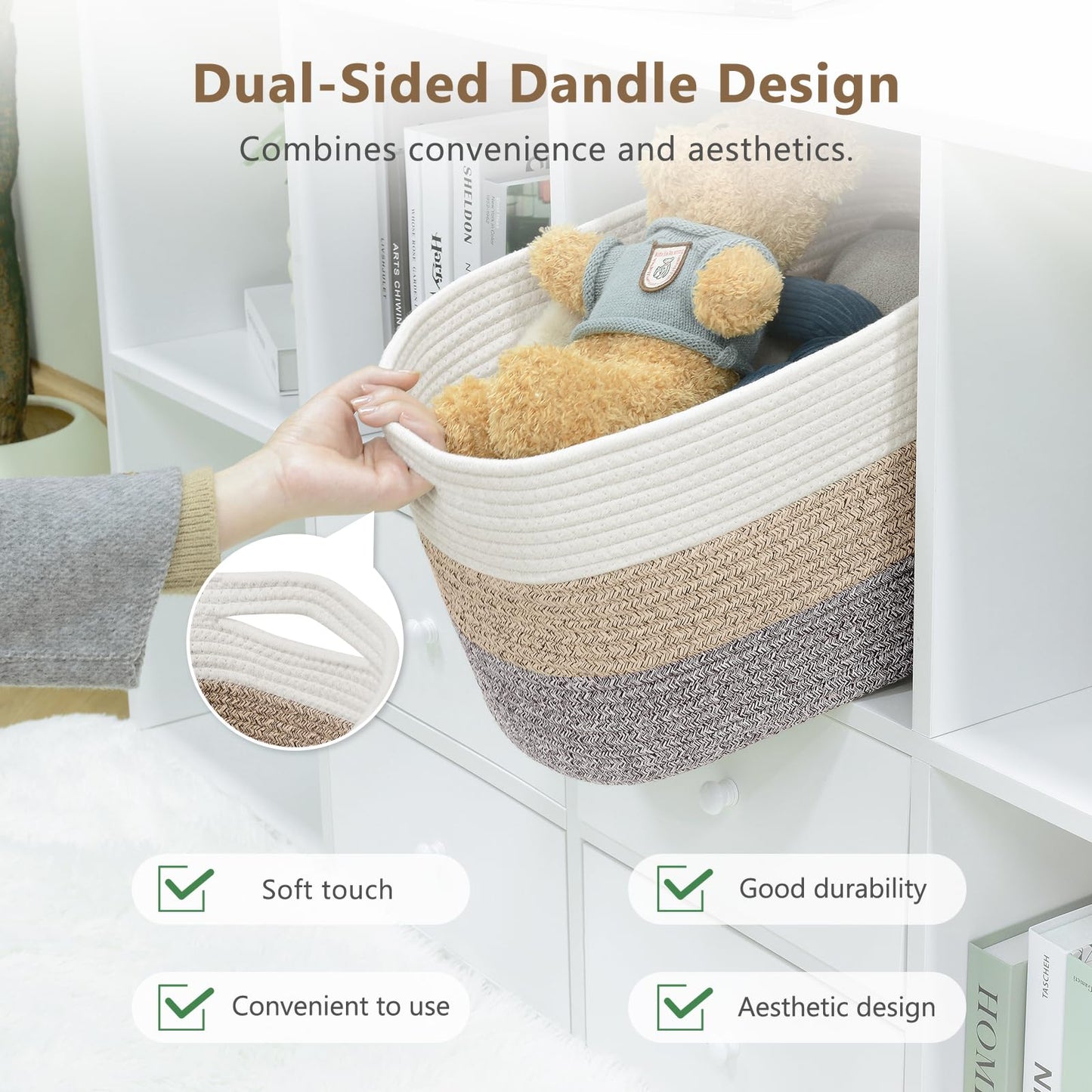 ECDYQXVU Cotton Rope Storage Basket, 15x10x9 Inches, Woven Basket for Shelves, Clothes, Towels, Books, and Laundry, White Brown (1 Pack)
