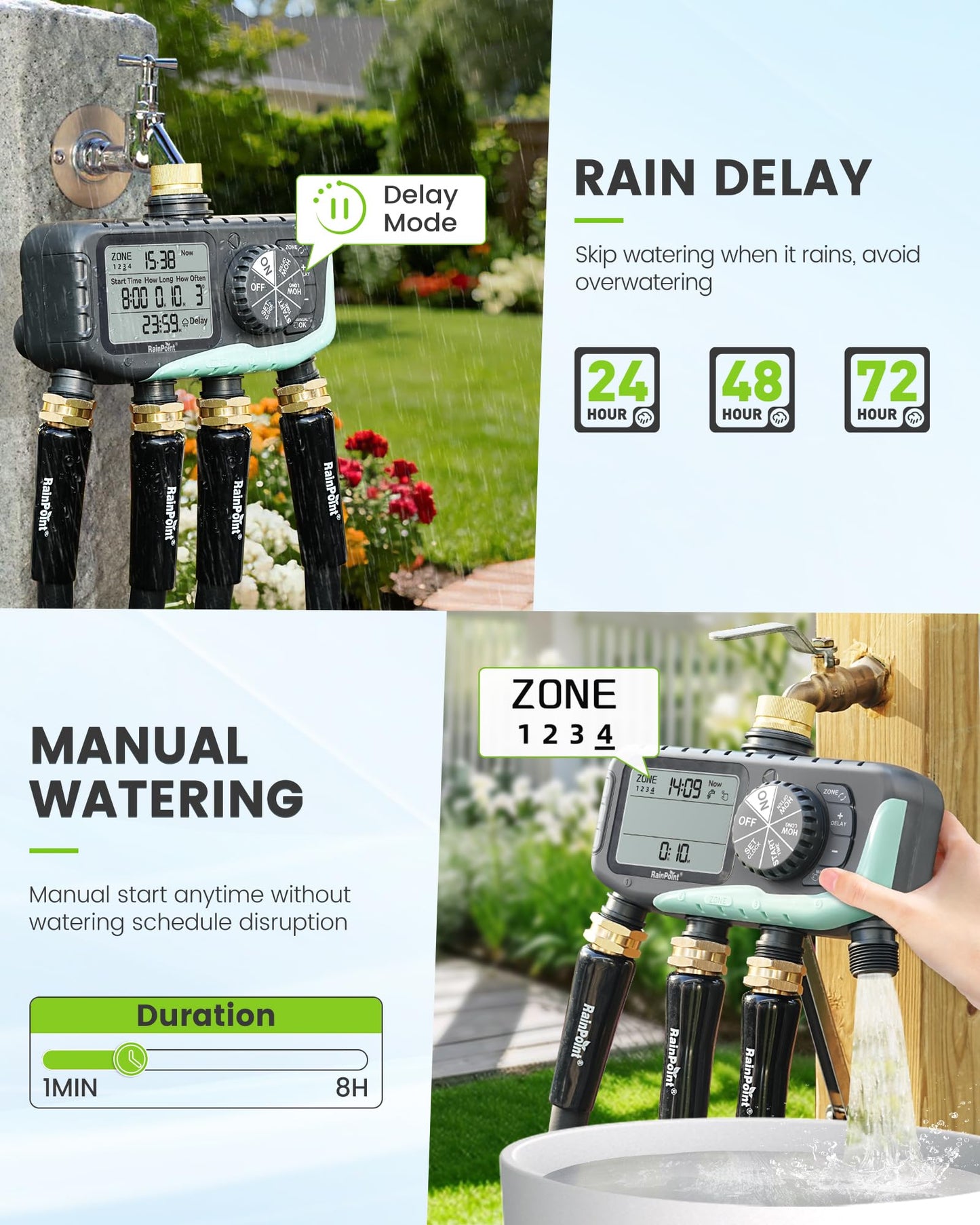 RAINPOINT Sprinkler Timer 4 Zone, Water Timer for Garden Hose, for Soaker Hose with Rain Delay/Manual/Automatic Watering System, Digital Irrigation for Yard, Lawn Brass Inlet