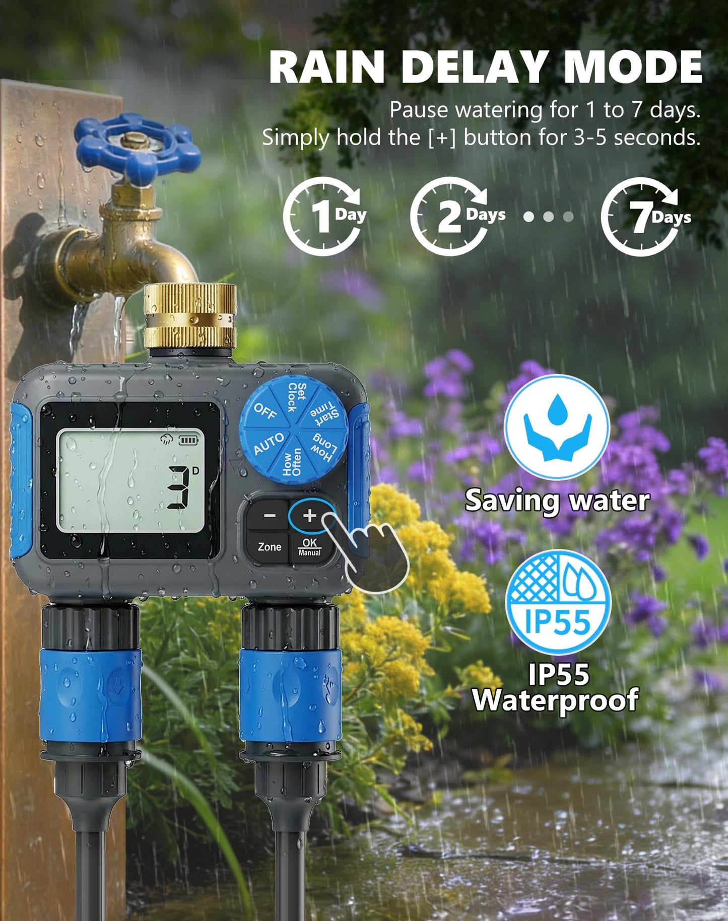 Grillum Sprinkler Timer with Brass Swivel, 2 Zone Hose Timers for Watering, Digital Irrigation Timer with Rain Delay & Manual Mode, Automatic Watering System for Outdoor Garden Lawn Yard
