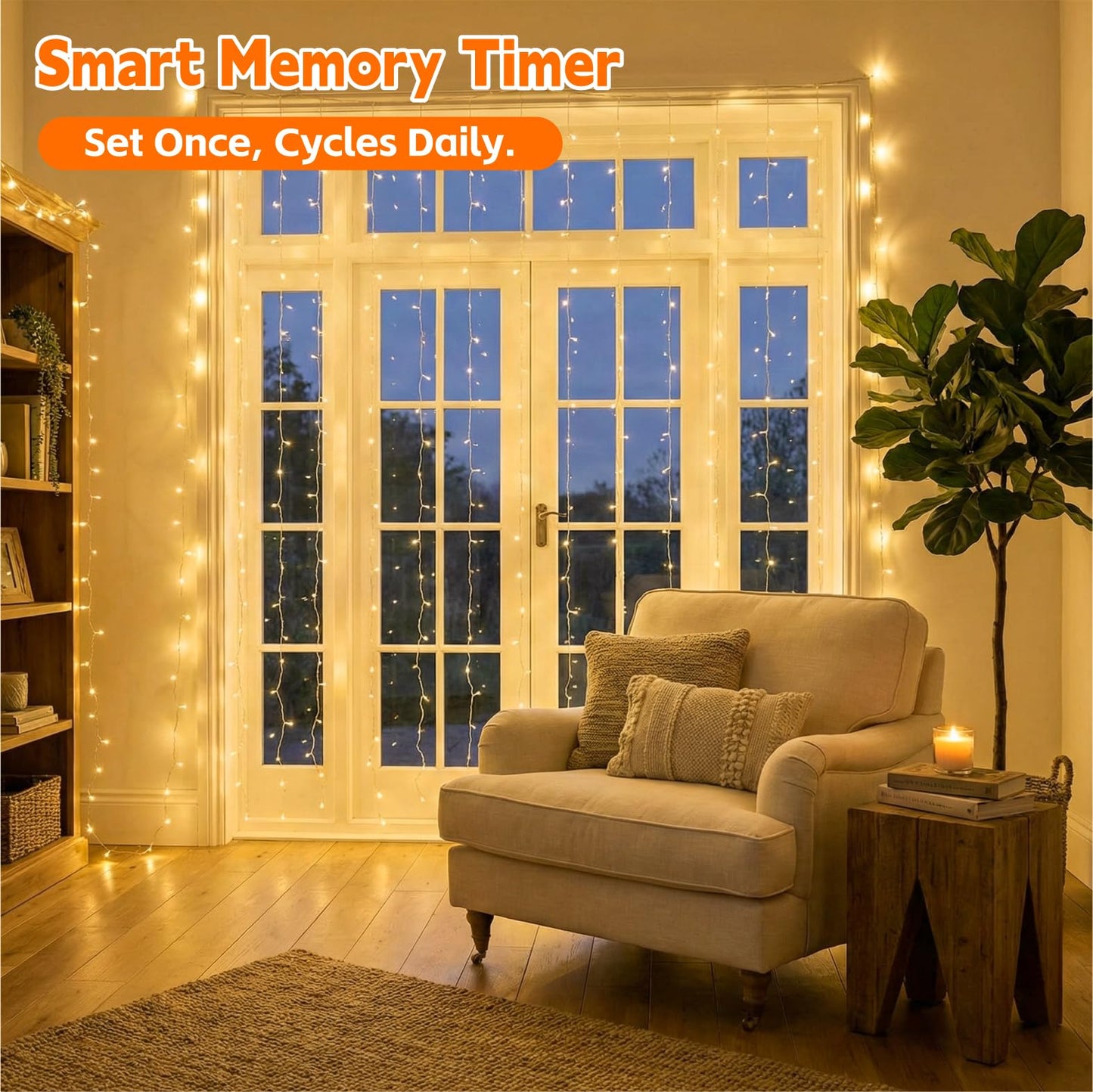 SINAMER Curtain Light for Bedroom, 200LED 6.6x6.6ft Warm White Window Wall Hanging Fairy Curtain String Light, 8 Modes Remote Fairy String Lights Indoor for Wedding Party Home Garden Decorations