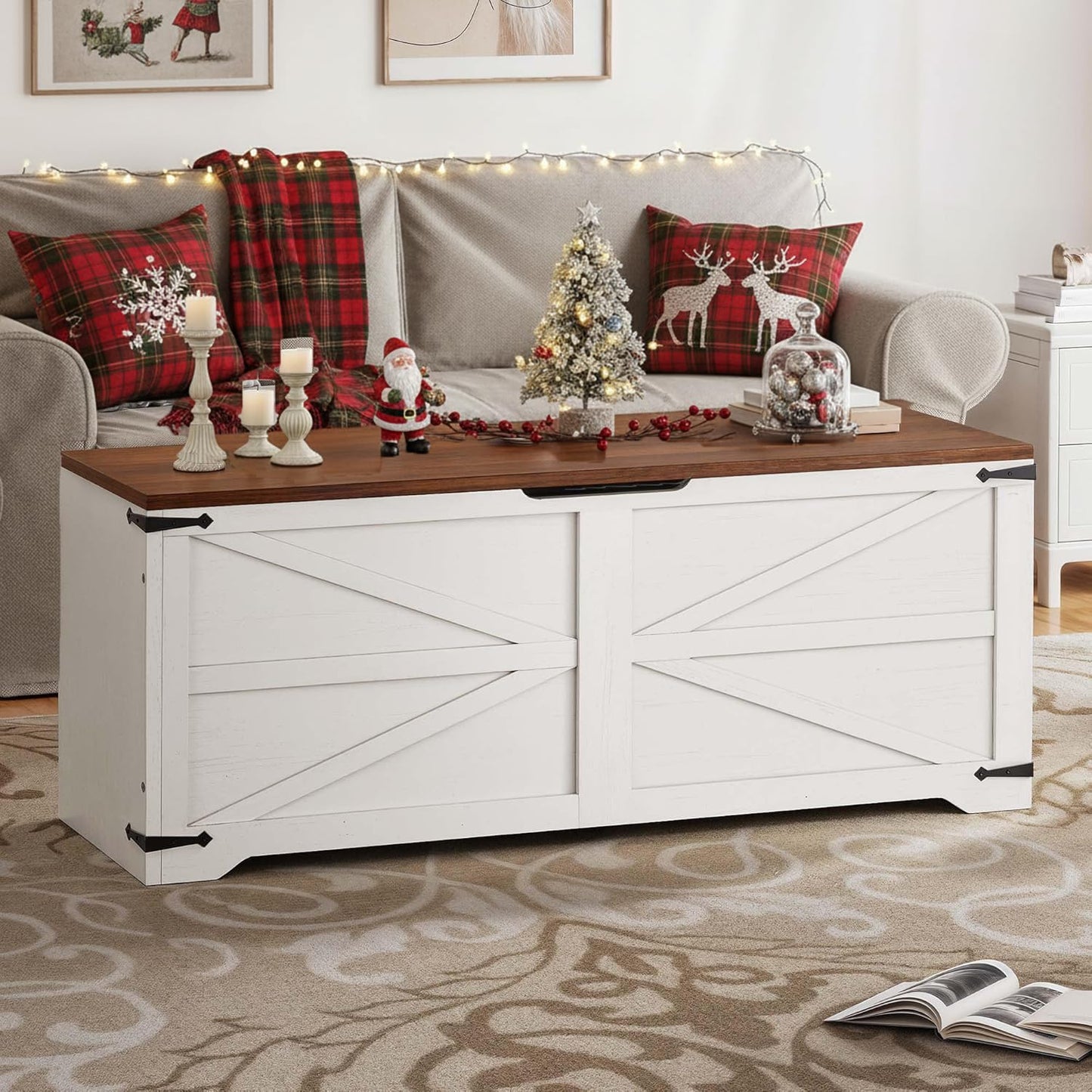 DWVO Storage Bench, 47.2" Farmhouse Storage Chest with 2 Safety Hinges, Wooden Utility Organizer, Shoe Bench for Entryway, Bedroom, Living Room, White and Walnut
