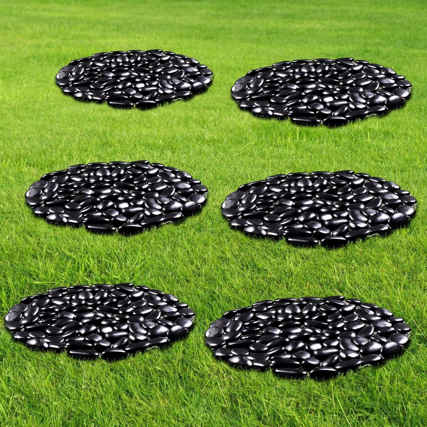 Ausluru 10in River Rock Stepping Stones Set - 6 Pack | Polished Pebble | Long-Lasting PVC Mesh Backing | Perfect for Garden Paths and Lawns Outdoor Landscaping Decoration | Black Circle
