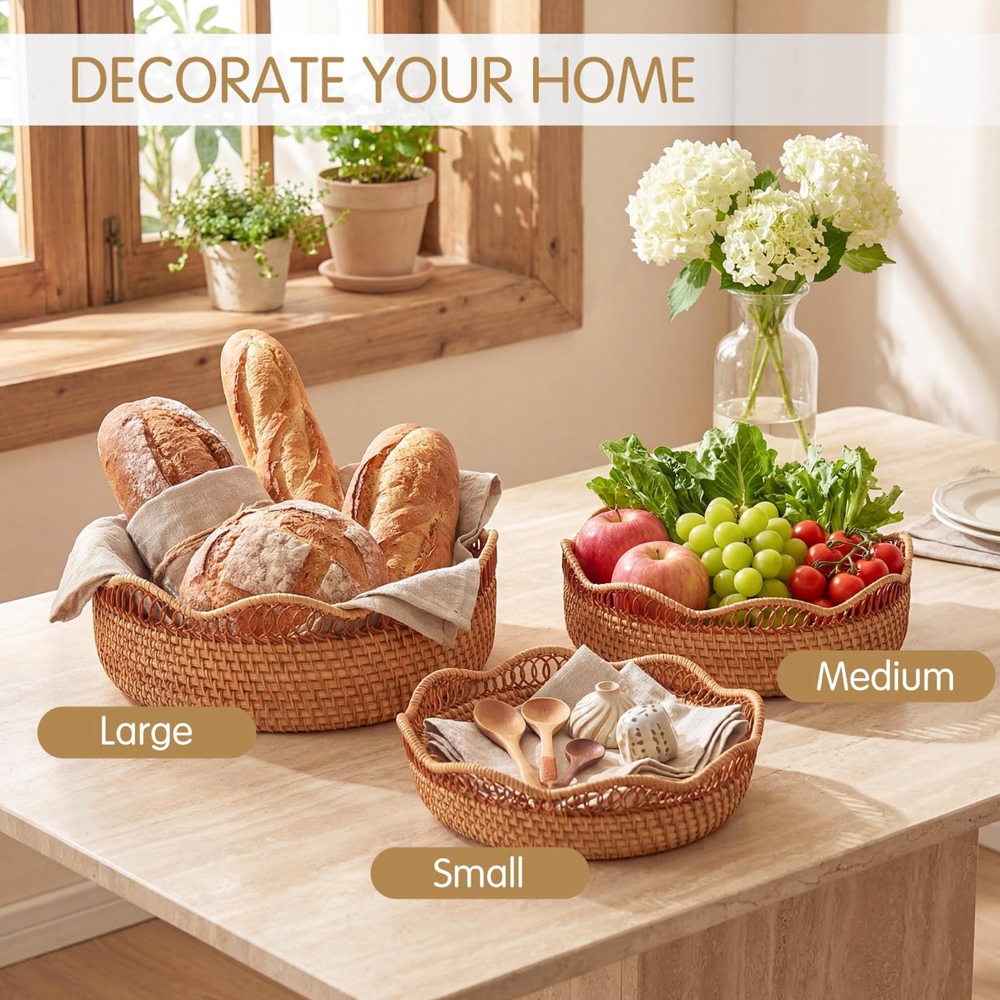 Teecyhooo Set of 3 Rattan Bread Basket for Serving Wicker Bread Basket Woven Round Fruit Serving Bowl Natural Handmade Food Storage Bowl Wavy Edge Tray Boho Decorative Tray for Kitchen Counter Decor