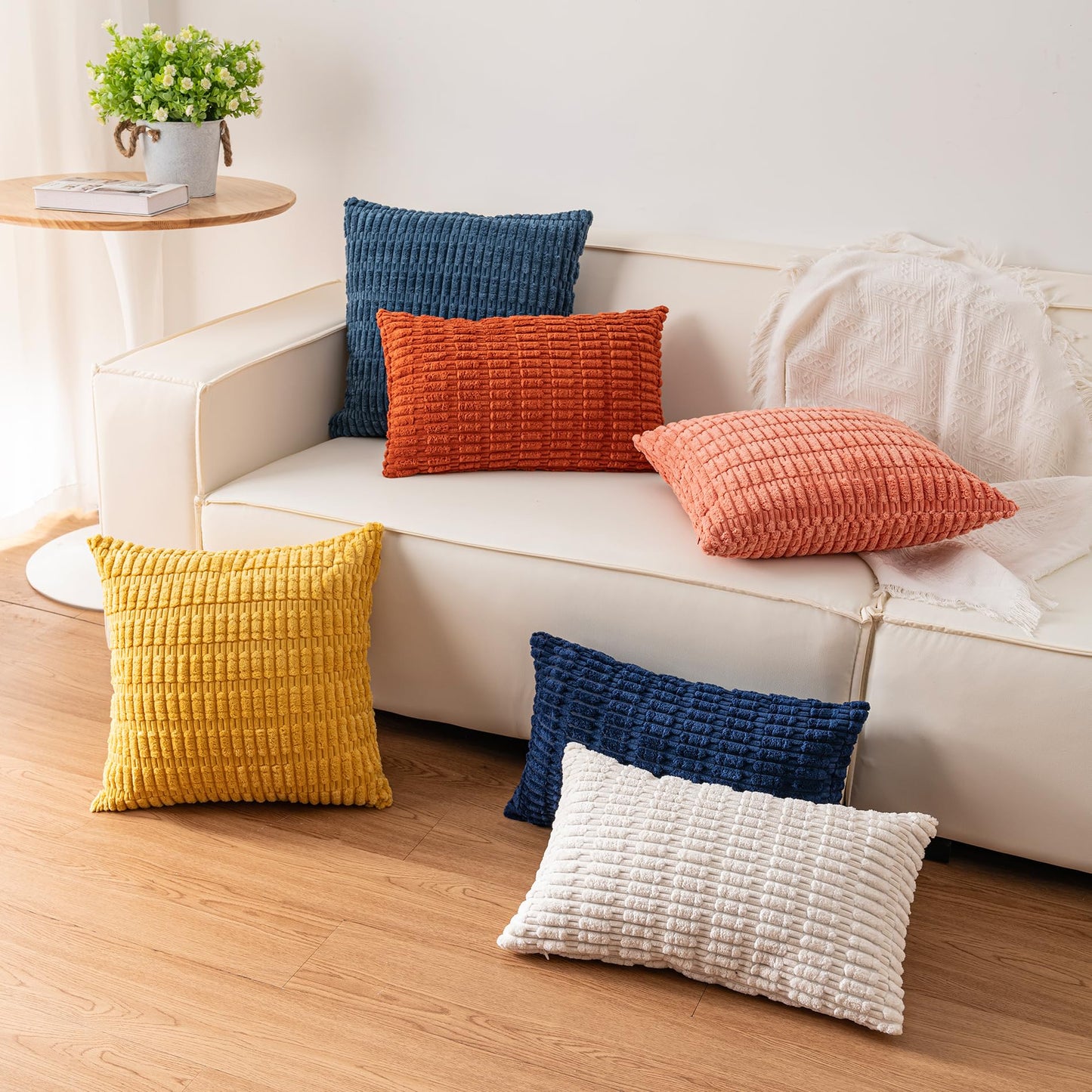 Aegero Pack of 2 Corduroy Decorative Throw Pillow Covers 18x18 Inch Soft Striped Pillow Covers Modern Farmhouse Home Decor for Sofa Living Room Couch Bed(Cream White)