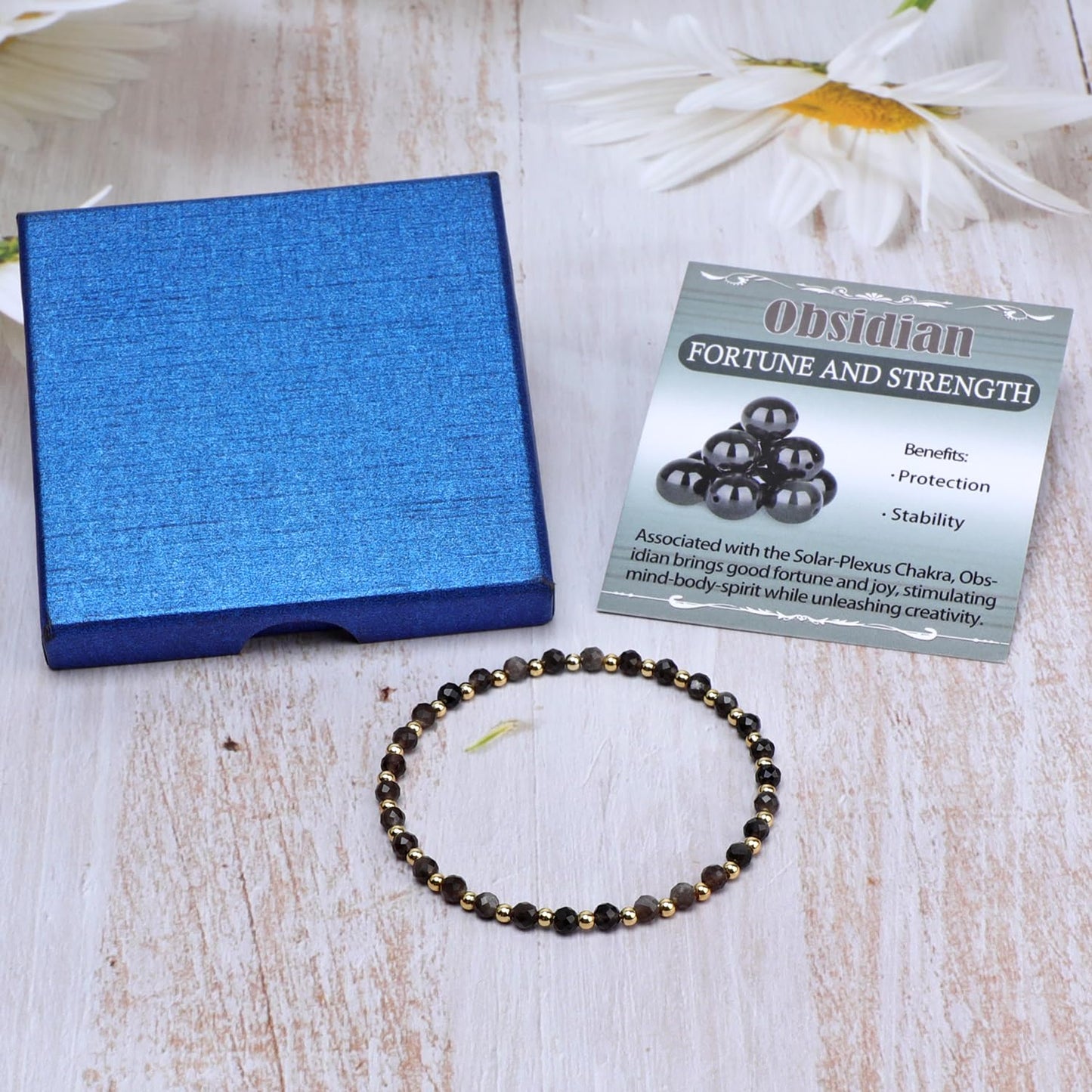 QOGIR Silver Obsidian - Fortune and Strength - 14K Gold Plated Beads Natural Gemstone Stretch Elastic Dainty Healing Beaded Bracelets Gifts 4mm
