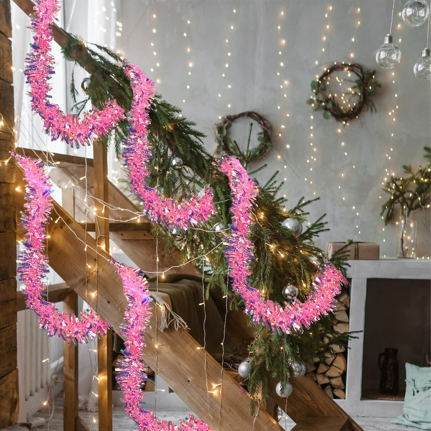 JXITON 20ft/6m Pink Christmas Tinsel Garland Iridescent Metallic Twisted Hanging Garland with Star for Chistmas Tree Fireplace Home Decoration