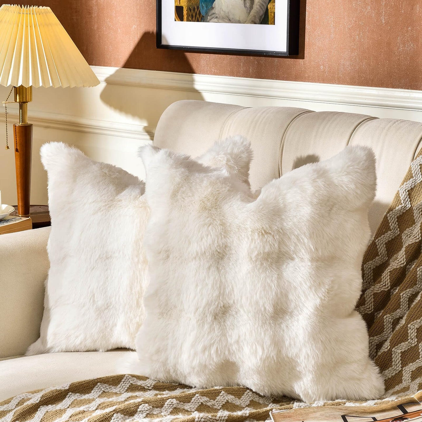 AmHoo Pack of 2 Throw Pillow Covers 3D Dense Faux Rabbit Fur Cozy Super Soft Fuzzy Set Case Cushion for Couch Sofa Bedroom 22 x 22-Inch Cream White