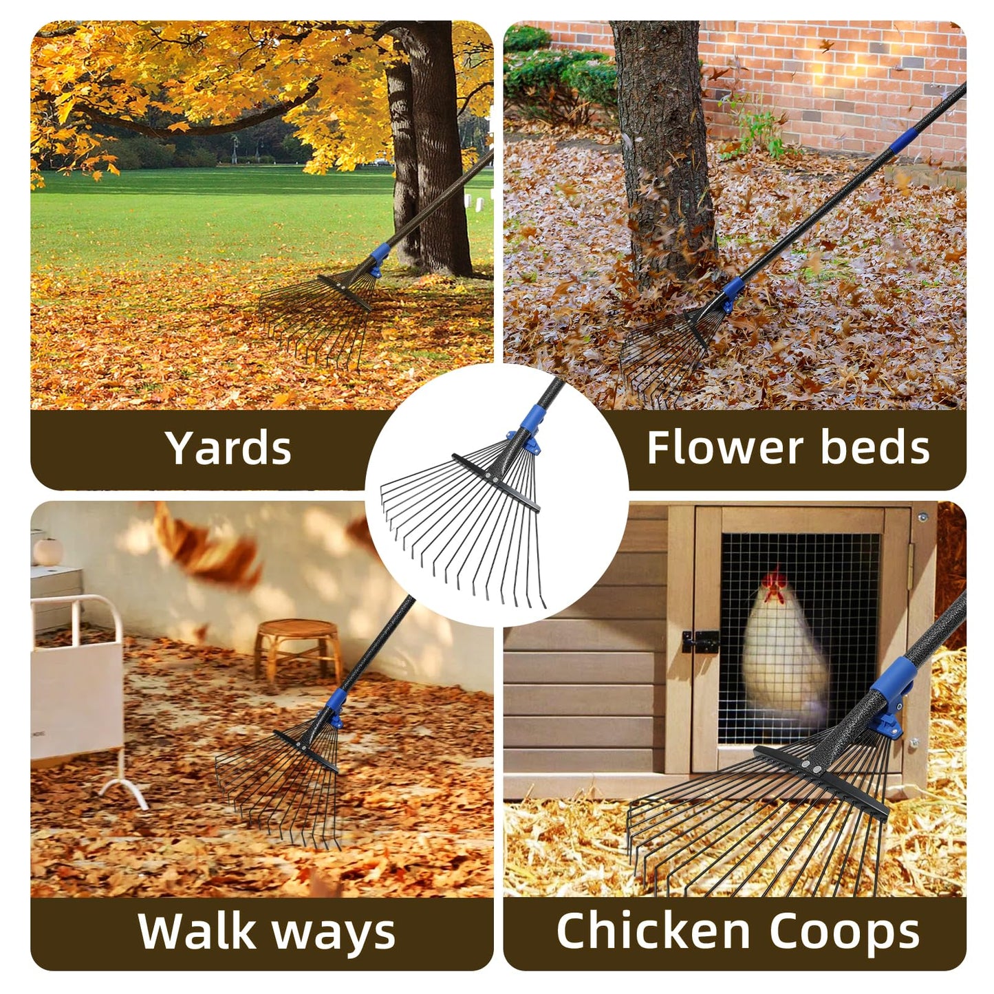 Adjustable Leaf Rake, Heavy Duty Metal Rake for Leaves, Long Handle 30"-75" with Expandable Head 8"-17", Collapsible Small Rakes for Lawns, Gardening, Yard, Camping, Shrub, Grass, Bush, Weed, Debris
