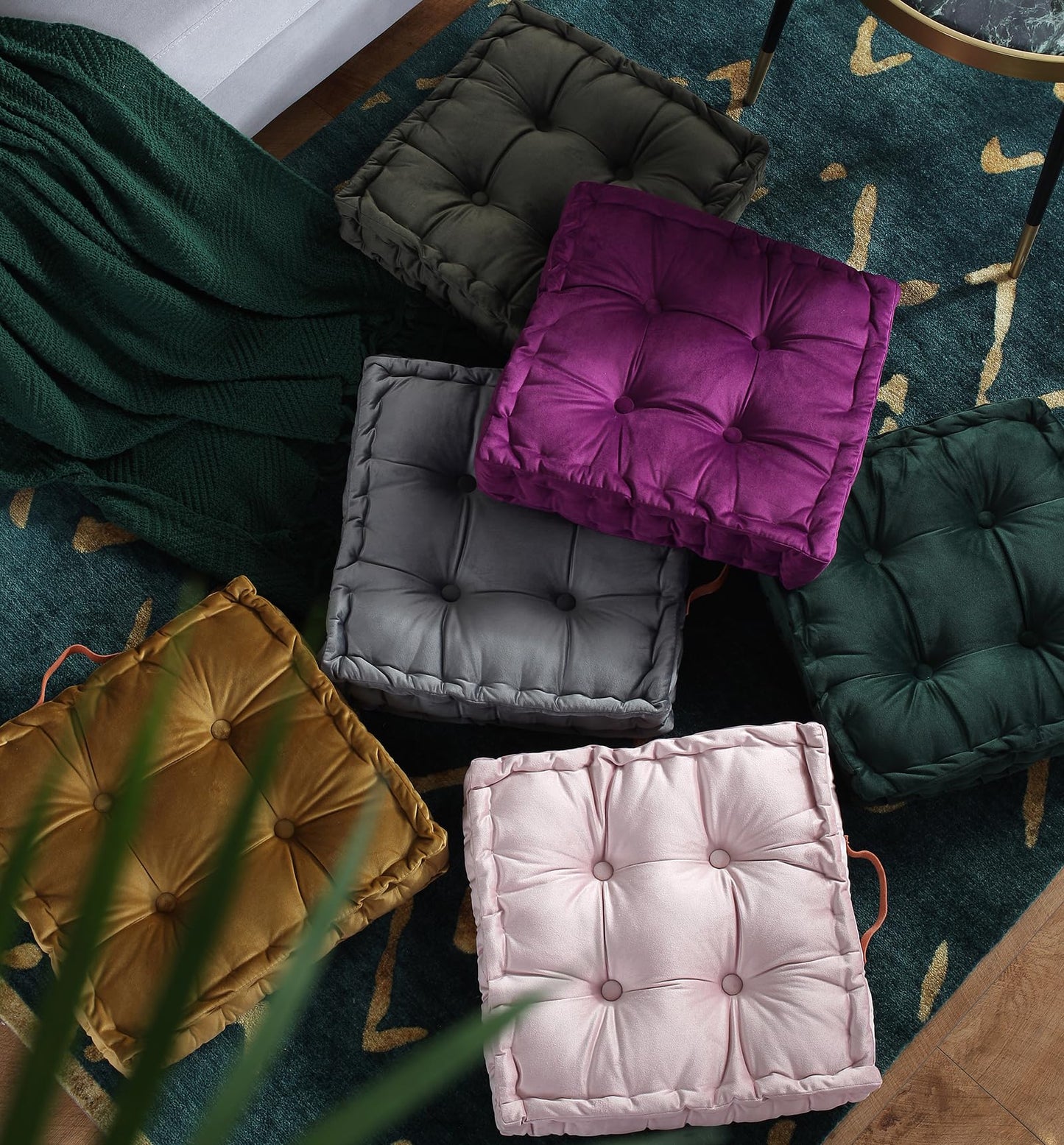 vctops Square Solid Color Velvet Seat Cushion with Handle Tufted Thicken Chair Pad Tatami Floor Pillow Cushion 16.5"x16.5"x4" Green