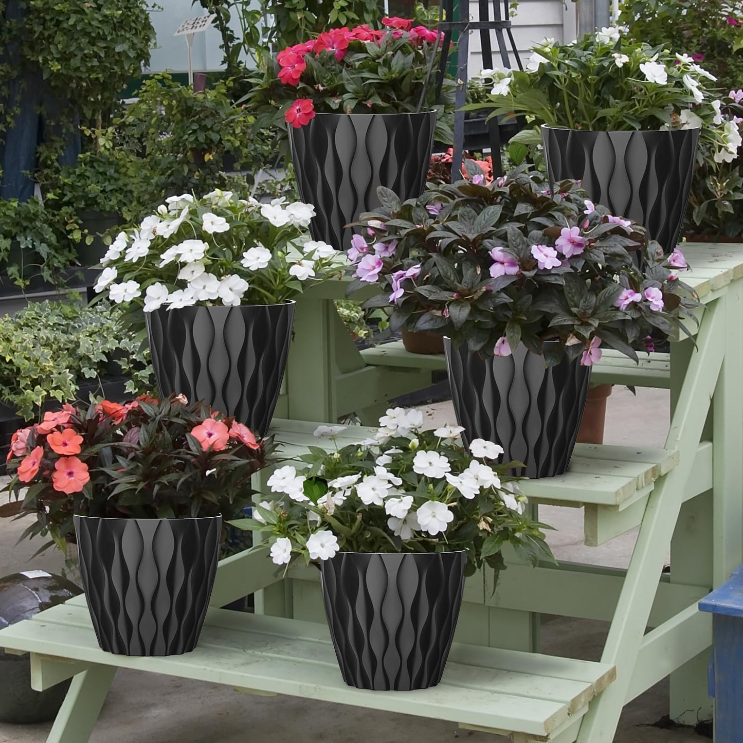 GDJUQZ 6 Pack 7 Inch Indoor Plant Pots with Drainage Holes, Outdoor Plastic Decorative Flower Pots, Garden Planters with Tray Saucers for Orchids, Violets, Succulents, Herbs, and Other Plants
