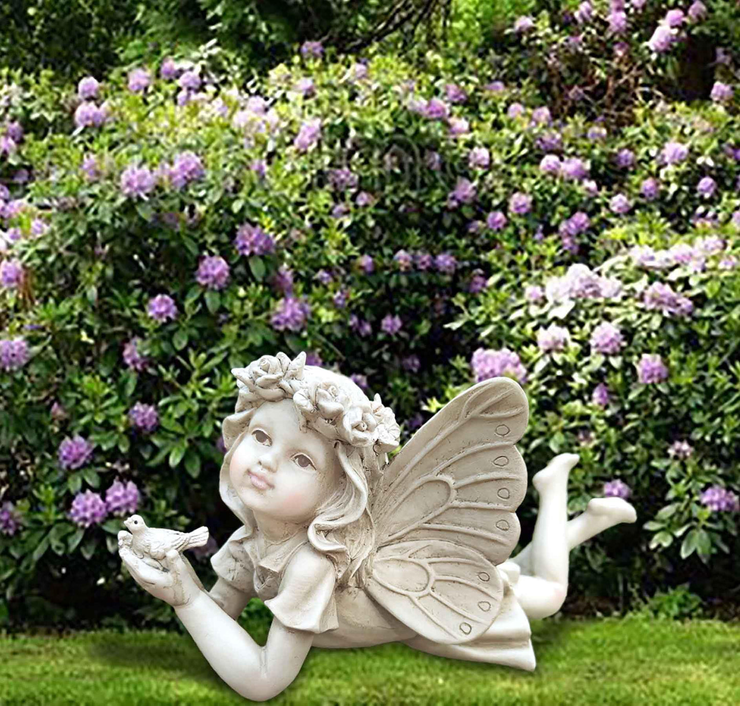 Fairy Garden Decor - Angel Holding a Bird Garden Statues for Outside, Resin Fairies for Fairy Garden, Cute Yard Ornaments Outdoors, Ideal Gifts for Mom and Grandma, 11” Width