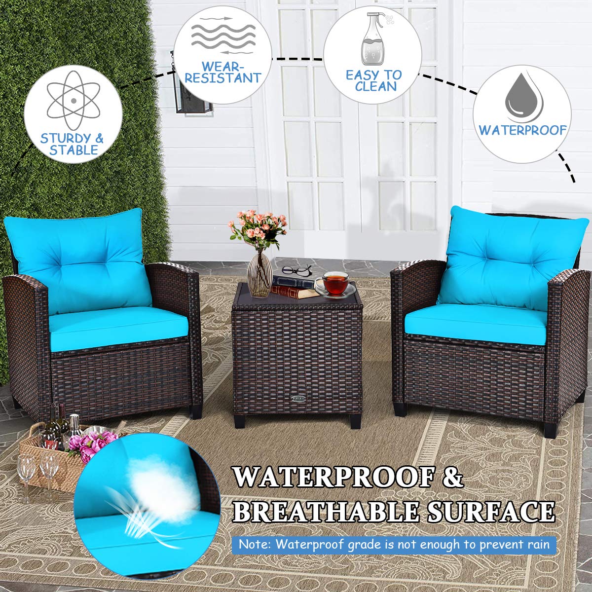 COSTWAY 3PCS Patio Furniture Set, PE Rattan Wicker Sofa w/Washable Cushion and Coffee Table, Tempered Glass Tabletop, Outdoor Conversation Set for Balcony, Porch, Yard, Backyard, Lawn, Turquoise
