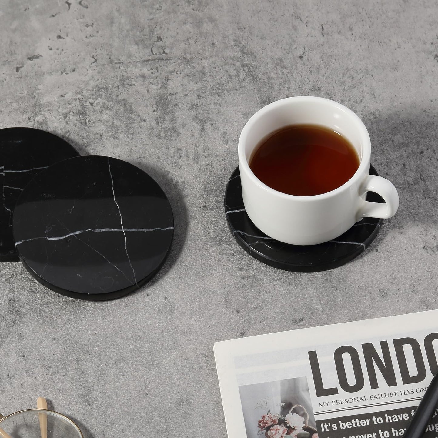 Koville Marble Coaster Set of 4, Round Coasters, 4" Stone Coaster for Drinks Coffee, White Marble Coasters for Coffee Table Home Bar Decor, Heat Resistant, Gift Choice(Black)