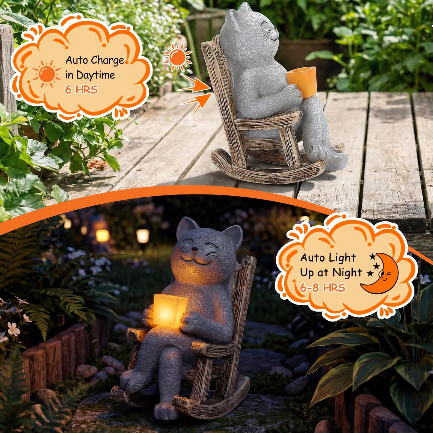 Lyeasw Cat Solar Garden Statues - 4inch Outdoor Decor for Patio, Lawn, Yard, Porch- Miniature Cute Cat Outdoor Figurine with LED Lights - Housewarming Birthday for Women, Mom, Cat Lovers