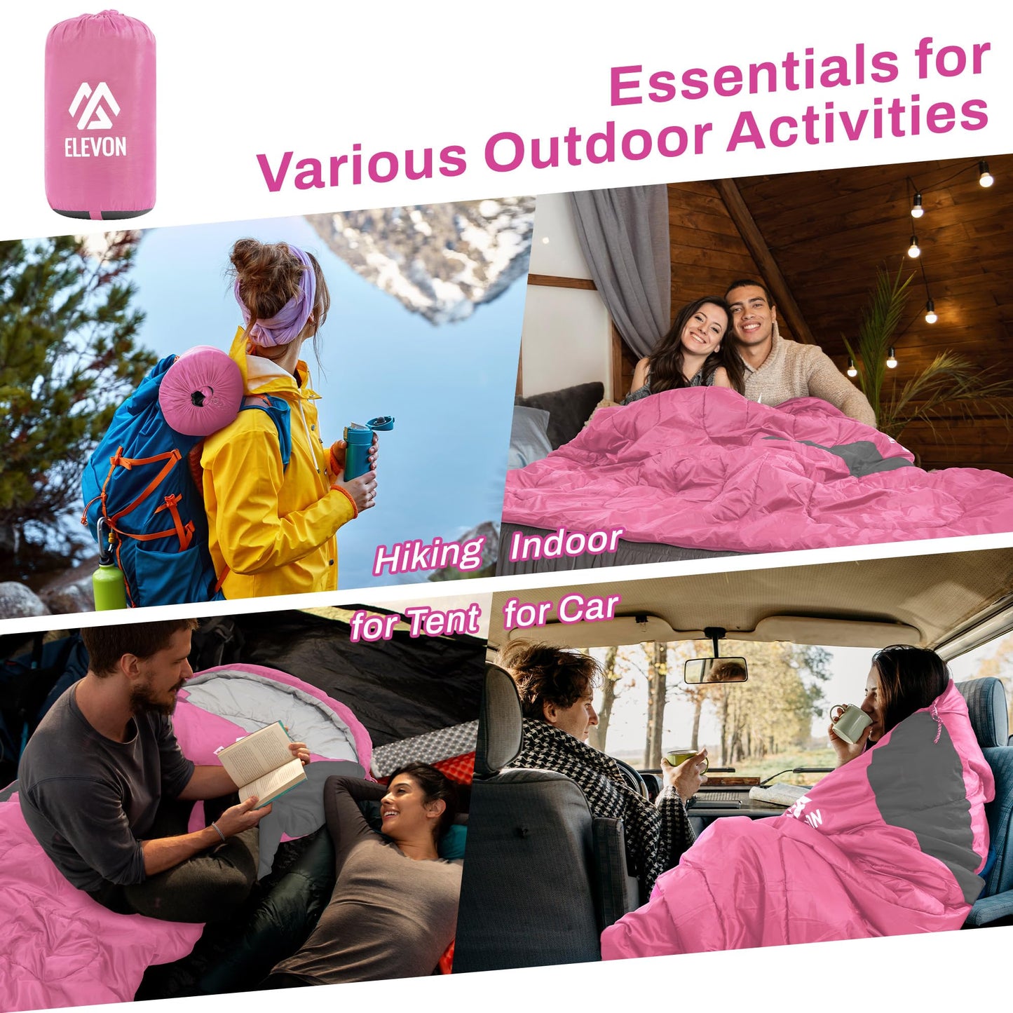 Elevon Sleeping Bag for Adults Teens Kids Cold Warm Weather, Portable Waterproof & Lightweight, Pink