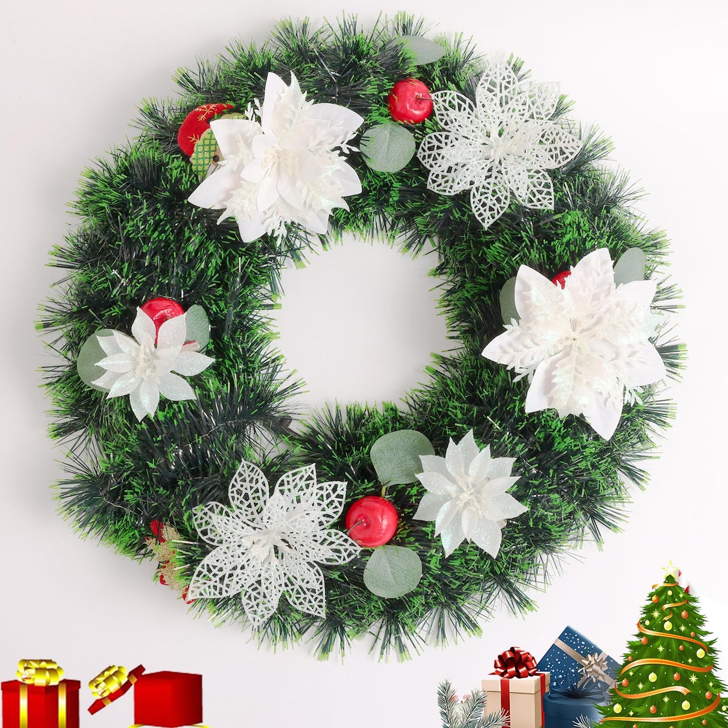 30 Pcs 3 Styles Poinsettias Artificial Christmas Flowers Decorations Set, 18 Poinsettia Flowers Artificial with 12 Christmas Tree Picks for Xmas Decor Holiday Party Decorations（White）