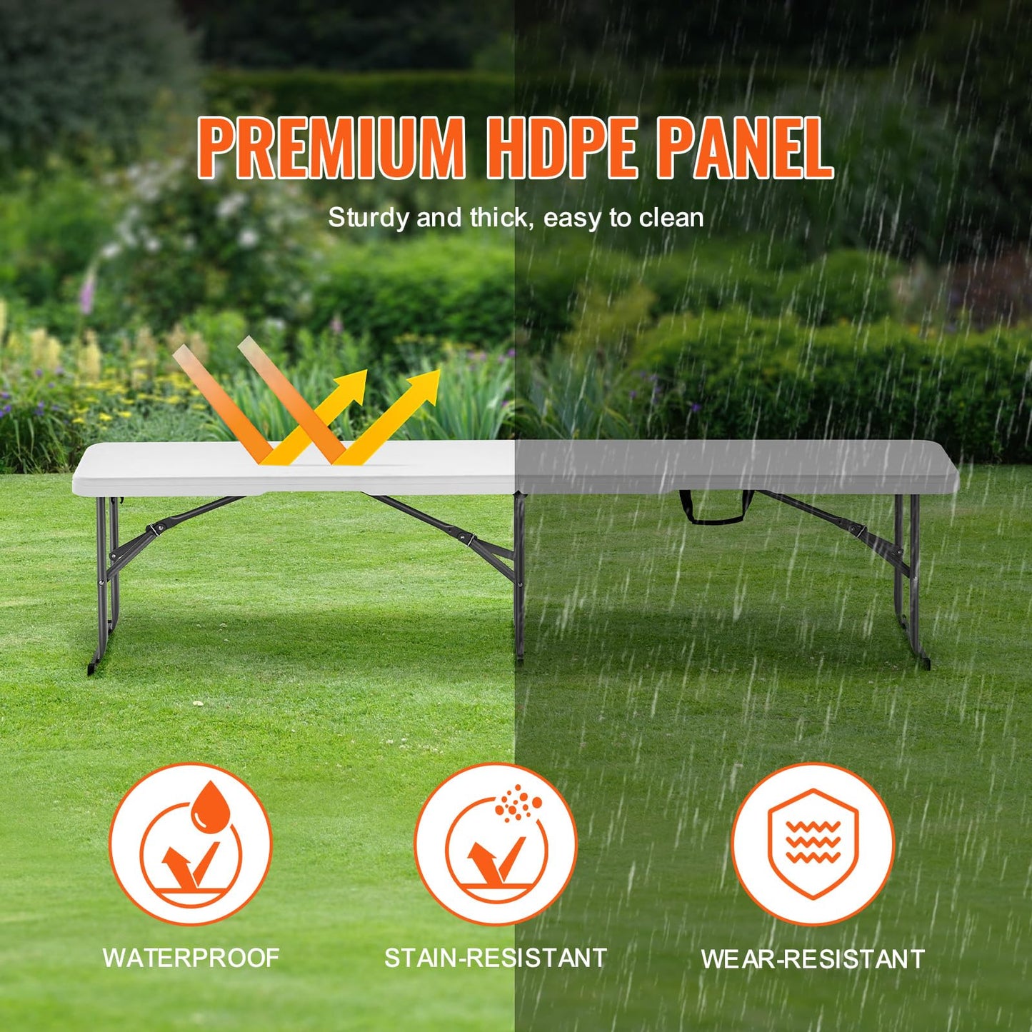 VEVOR Plastic Folding Bench, 6ft Portable Folding Bench, Smooth High Density Polyethylene Waterproof Outdoor Bench, Picnic Camping Table with Handle for Garden Soccer Playtime, White (1 Pack)