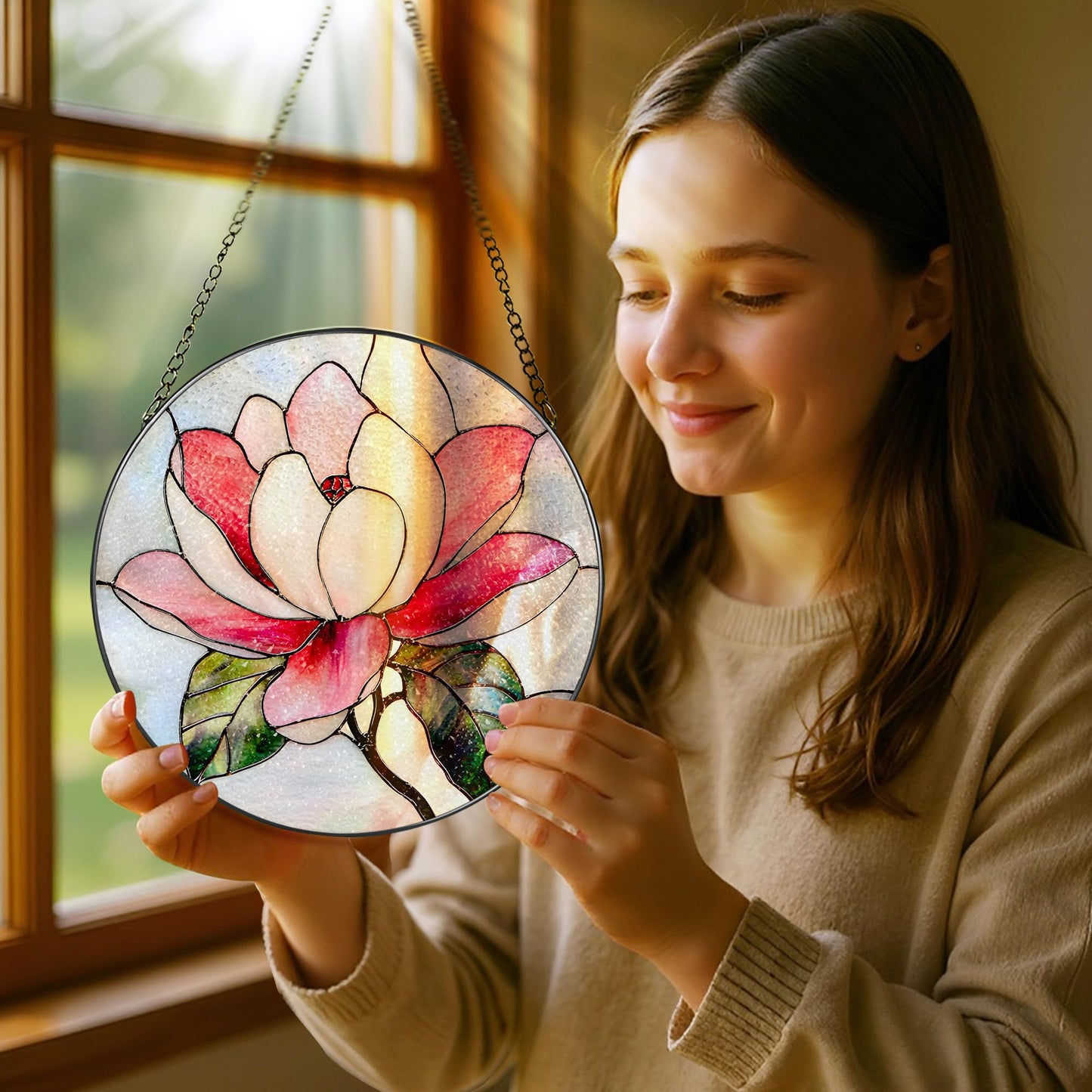 8-Inch Stained Glass Ornament, Stained Glass Window Hanging, Window Hanging Decor Suncatcher, Magnolia Flower Ornament | Holiday, Mother's Day, Birthday | Gifts for Nature and Garden Lovers