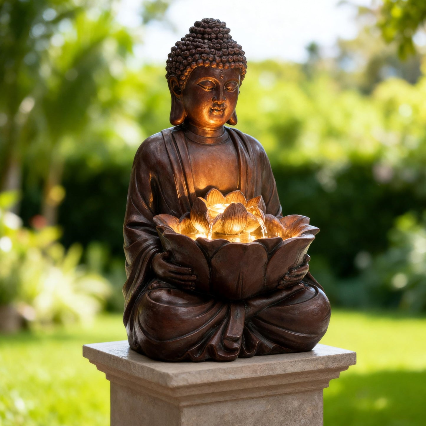 Autodaya 18.9" H Buddha Outdoor Water Fountain, Zen Style Garden Fountain with LED Lights and Pump, Relaxing Waterfall for Patio, Porch, or Yard Decor, Faux Bronze