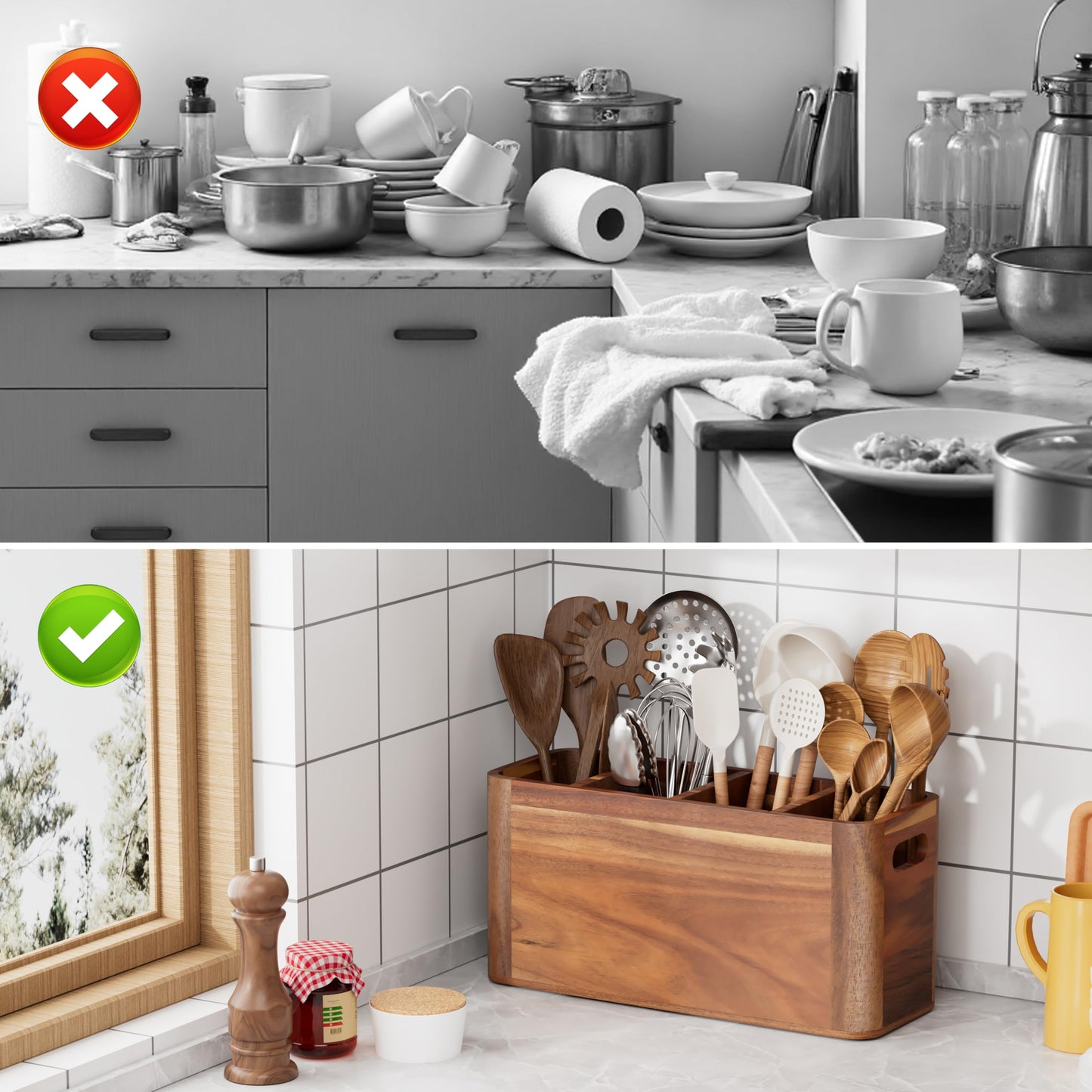 ZUJJAFY Utensil Holder, Extra Large Kitchen Utensil Holder for Counter with 4 Compartments, Wooden Kitchen Utensils Organizer for Countertop Cooking Spatula Storage, Acacia Wood