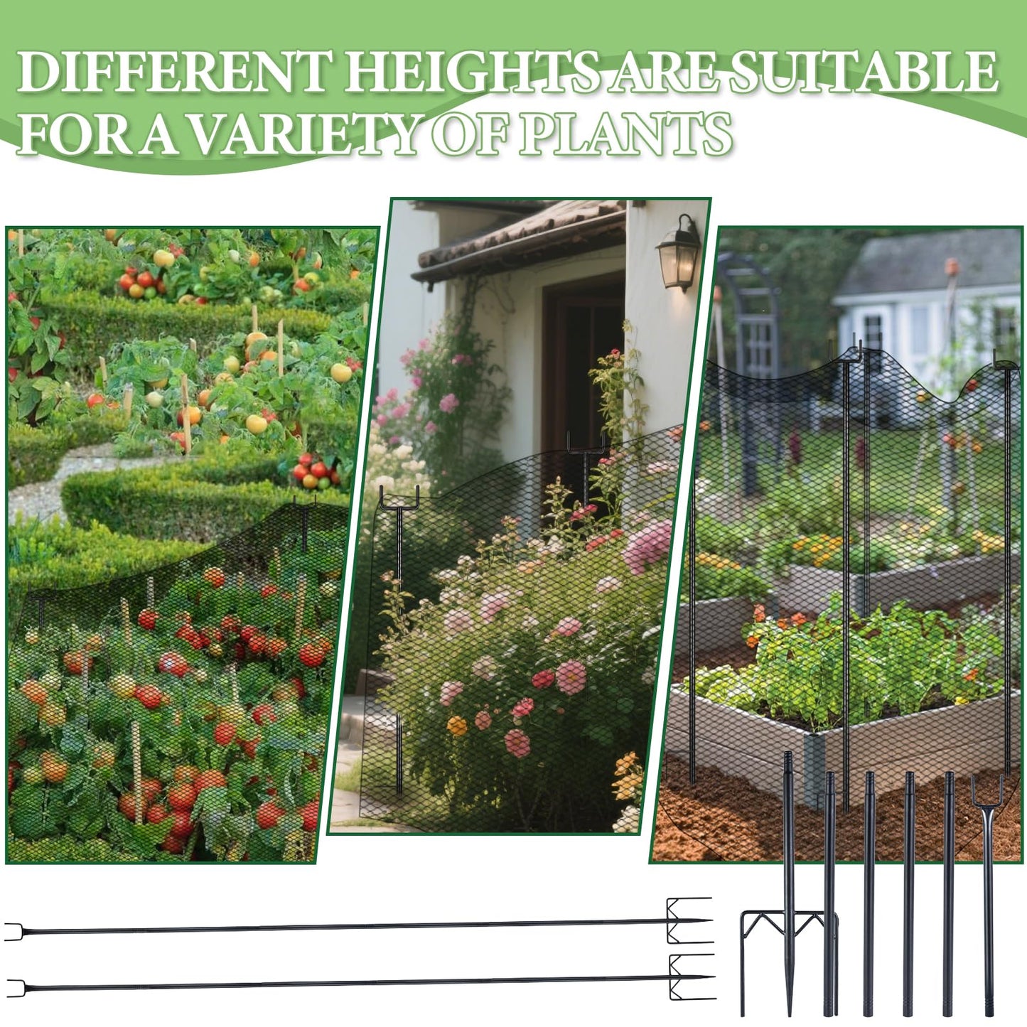 6 Pack 7.2ft Metal Garden Netting Support Stakes, Heavy Duty Garden Netting Pole with 50 Tie Rustproof Gardening Fence Stake Crop Cage Protection Post Frame for Support Fruits Garden Bed Plant Net