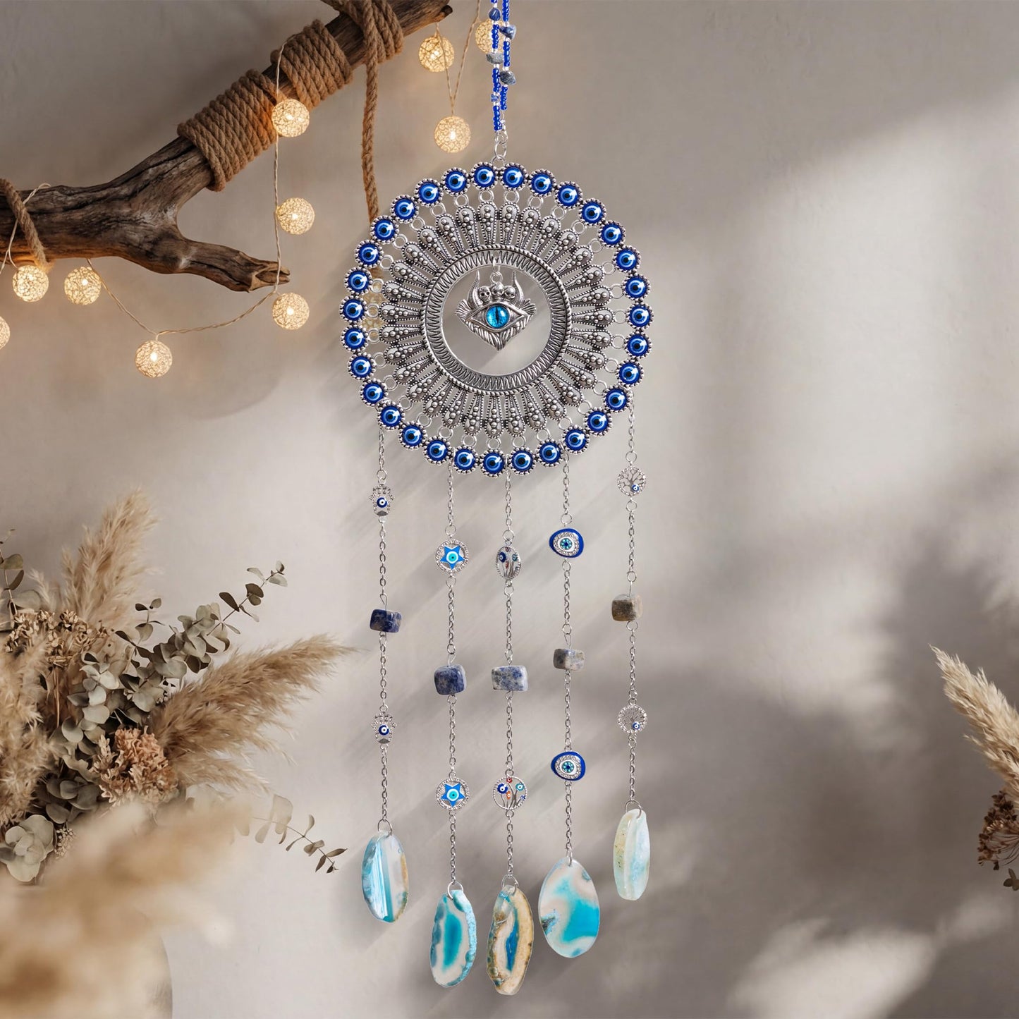 Evil Eye Dream Catcher, Handmade Blue Agate Stone Catcher with Crystals, Protective Bohemian Wall Hanging Decor for Bedroom, Window, Garden - Unique Housewarming Gift for Friends and Family