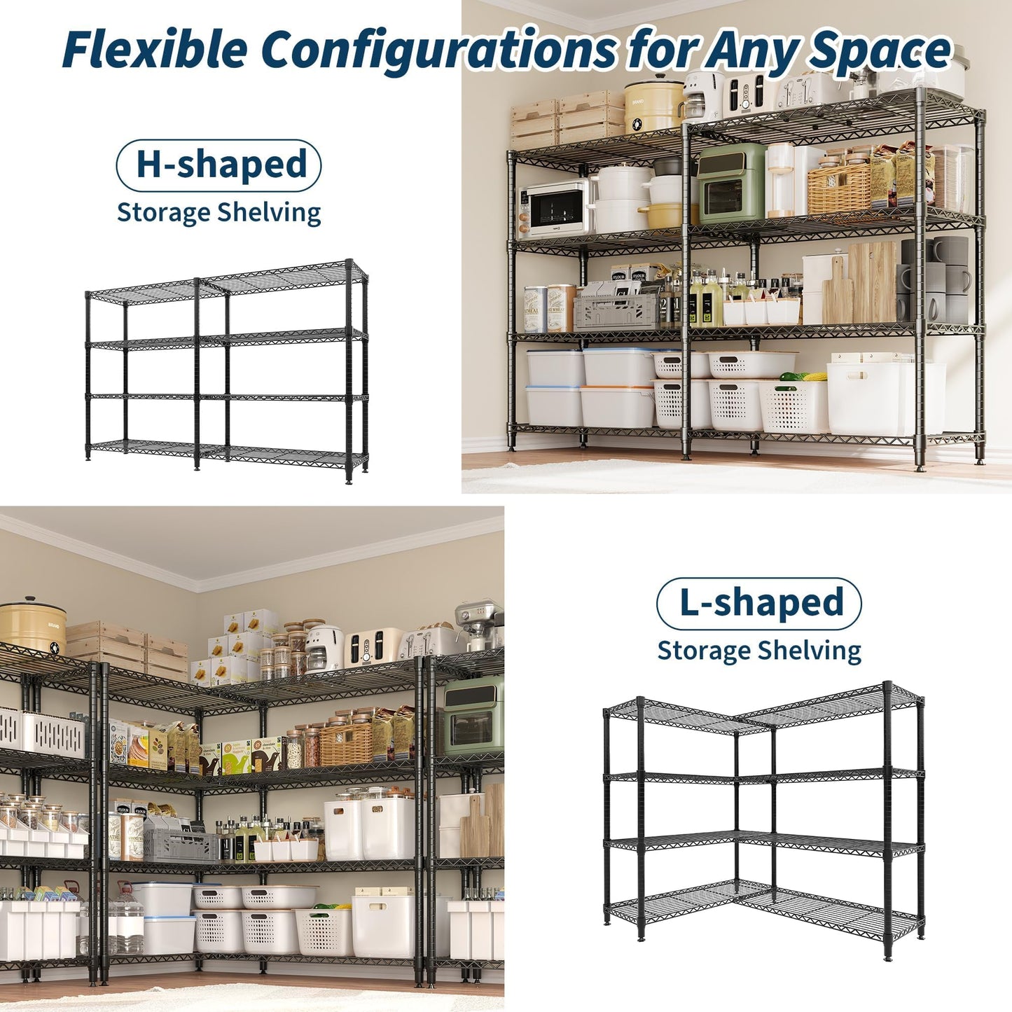Garvee 70.8" W Storage Shelves Metal Shelving Unit, 4-Tier Heavy Duty Wire Shelving Extra Wide L-Shaped Storage Rack for Apartment Pantry Kitchen Corner Bedroom