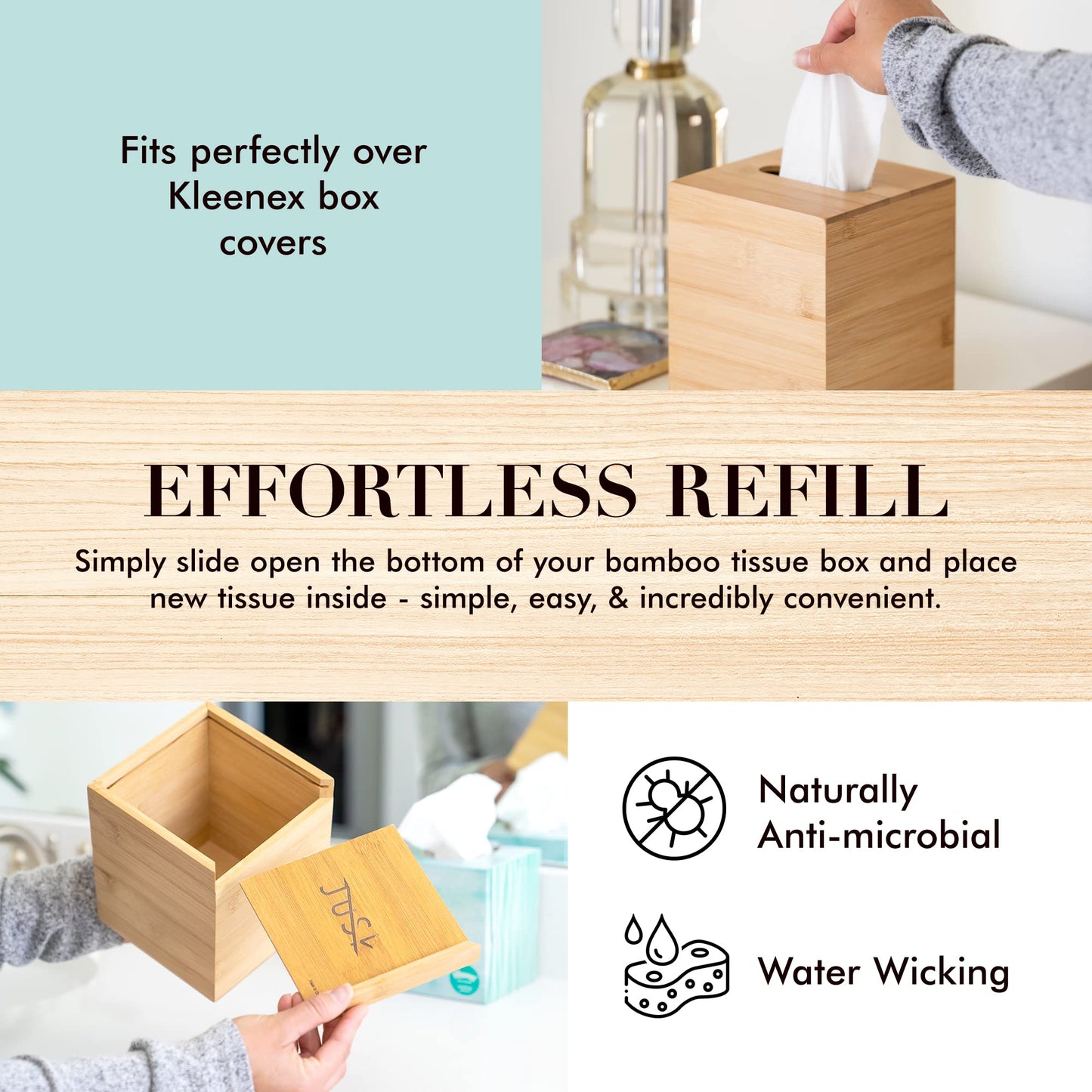 JUSK Design Tissue Box Holder - Modern, Minimalist, Durable Wooden Bamboo Box with Sliding Bottom, Easy-Refill - Premium-Quality Bamboo Cover, Square