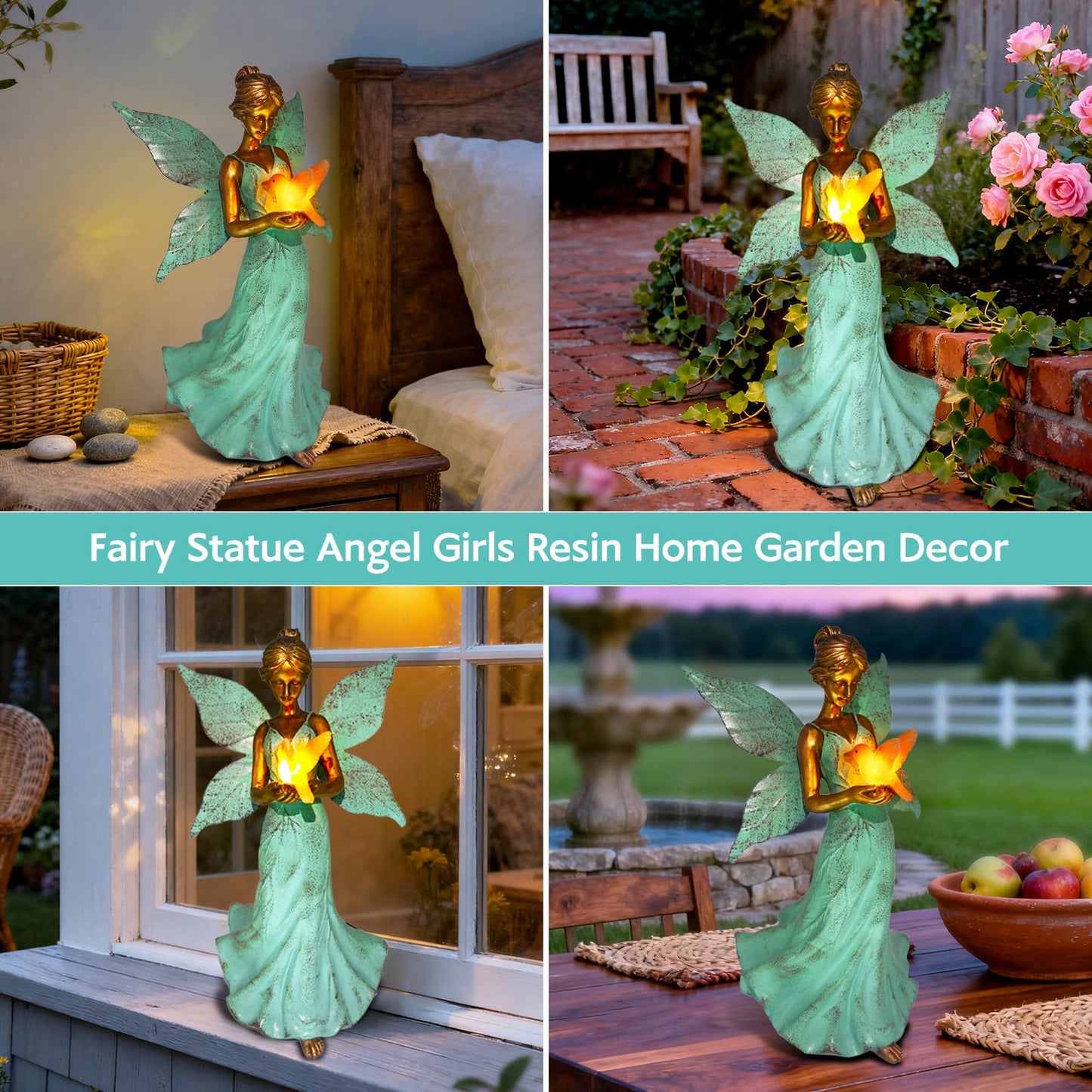 Solar Fairy Garden Statue Decor - Gifts for Women Mom Mother's Day, 10 Inch Angel Girls Resin Figurine Waterproof Home Decoration with Hummingbird LED Lights for Bedroom Balcony Table Yard Patio