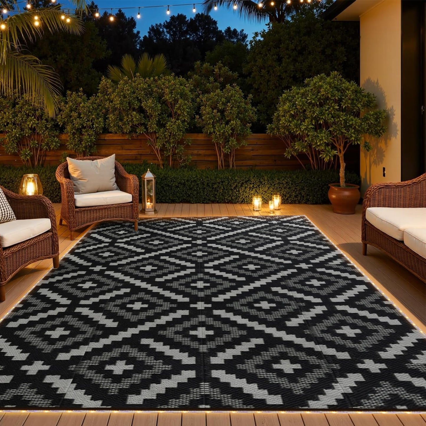 YONILE 8x10 ft Outdoor Rug Waterproof for Patio with LED Light,Large Outdoor Plastic Straw Rug,Reversible Plastic Area Rugs Mat Outside Carpet for RV, Deck, Porch, Picnic, Beach, Balcony
