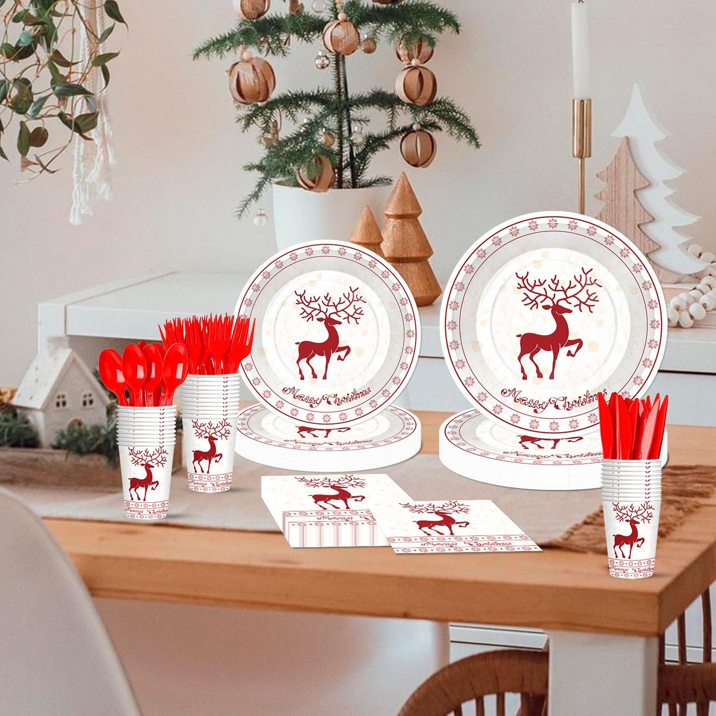 Xionpe 140-Pc Christmas Disposable Tableware Set for 20 Guests - Reindeer Themed Party Supplies with Dinner Plates, Dessert Plates, Napkins, Cups, Forks, Knives & Spoons