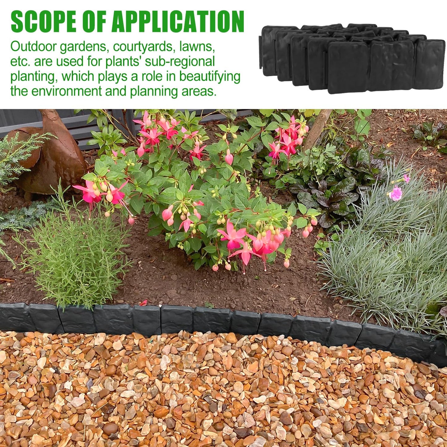 Garden Edging Border NO DIG, with Landscape Edging Anchoring Spikes, Black Stone Effect Plastic Lawn Edging Fencing, Interlocking Yard Lawn Edging for Flower Bed | 16 Ft | 20Pcs | Black |