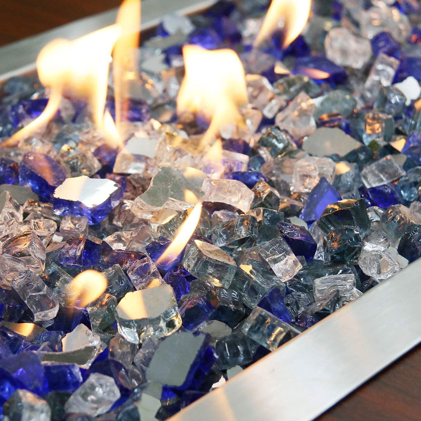Grisun 10 Pound Fire Glass for Fire Pit - 1/2 inch Reflective Fire Glass Rocks, Decorative for Fireplace and Fire Table, Blend of Cobalt Blue, Caribbean Blue and Platinum