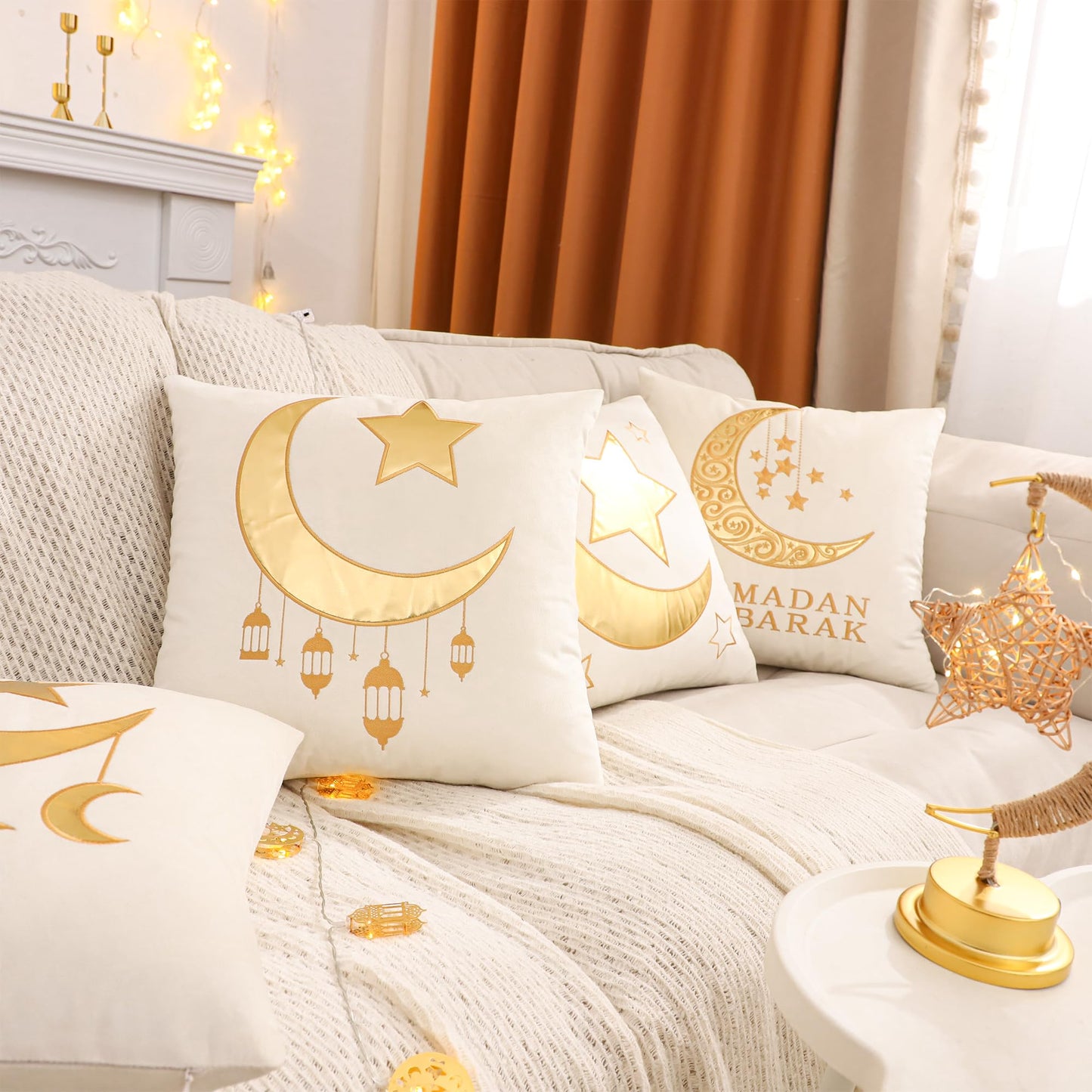 Tosleo Ramadan Lantern Pillow Covers 18x18 inch Set of 2 Beige and Gold Velvet Throw Pillow Covers Ramadan Eid Mubarak Cushion Covers Star and Moon Decorations for Home Couch Sofa Outdoor
