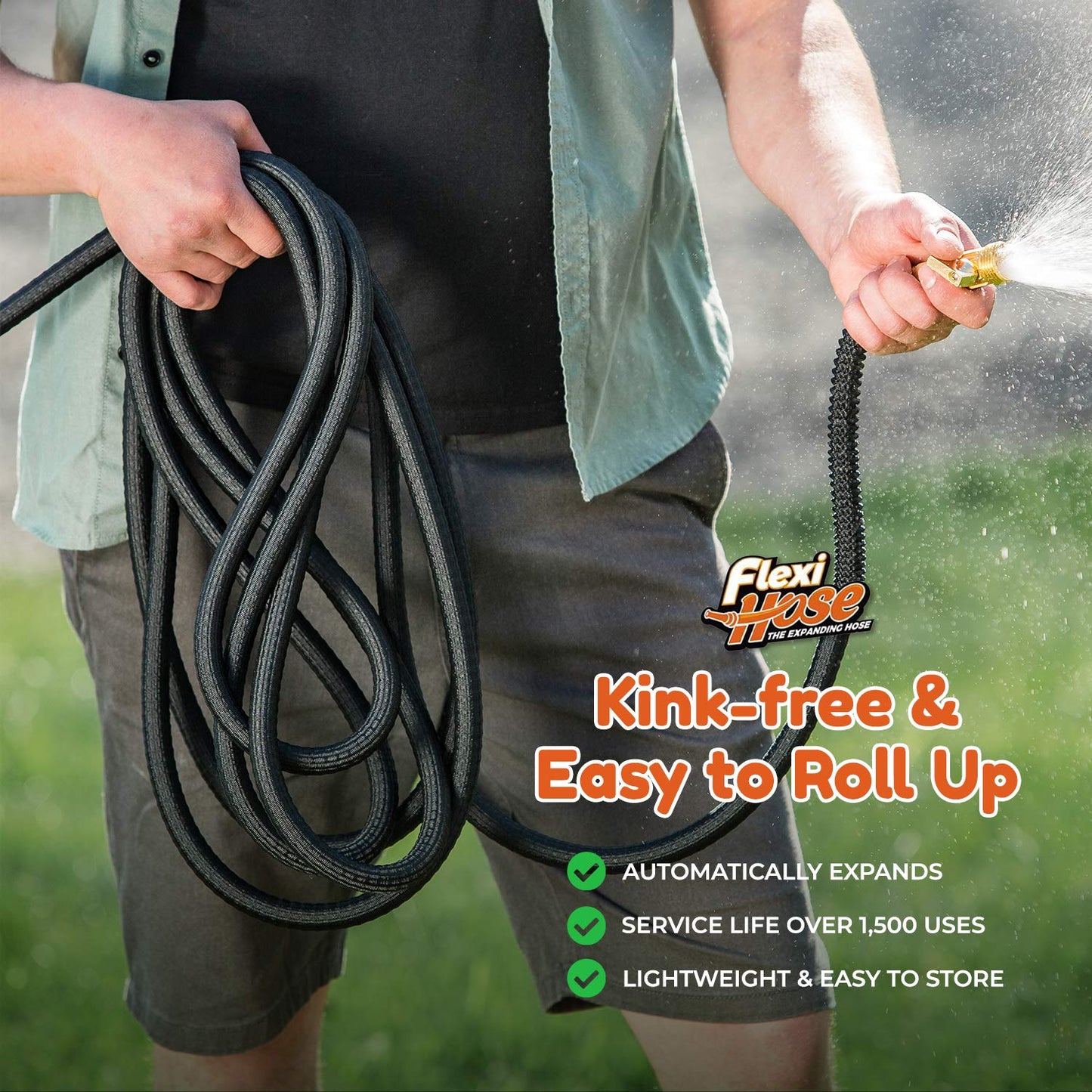 Flexi Hose Lightweight Expandable Garden Hose, 25FT -Retractable Garden Hose, Water Hose - No-Kink Flexibility, 3/4 Inch Solid Brass Fittings and Double Latex Core