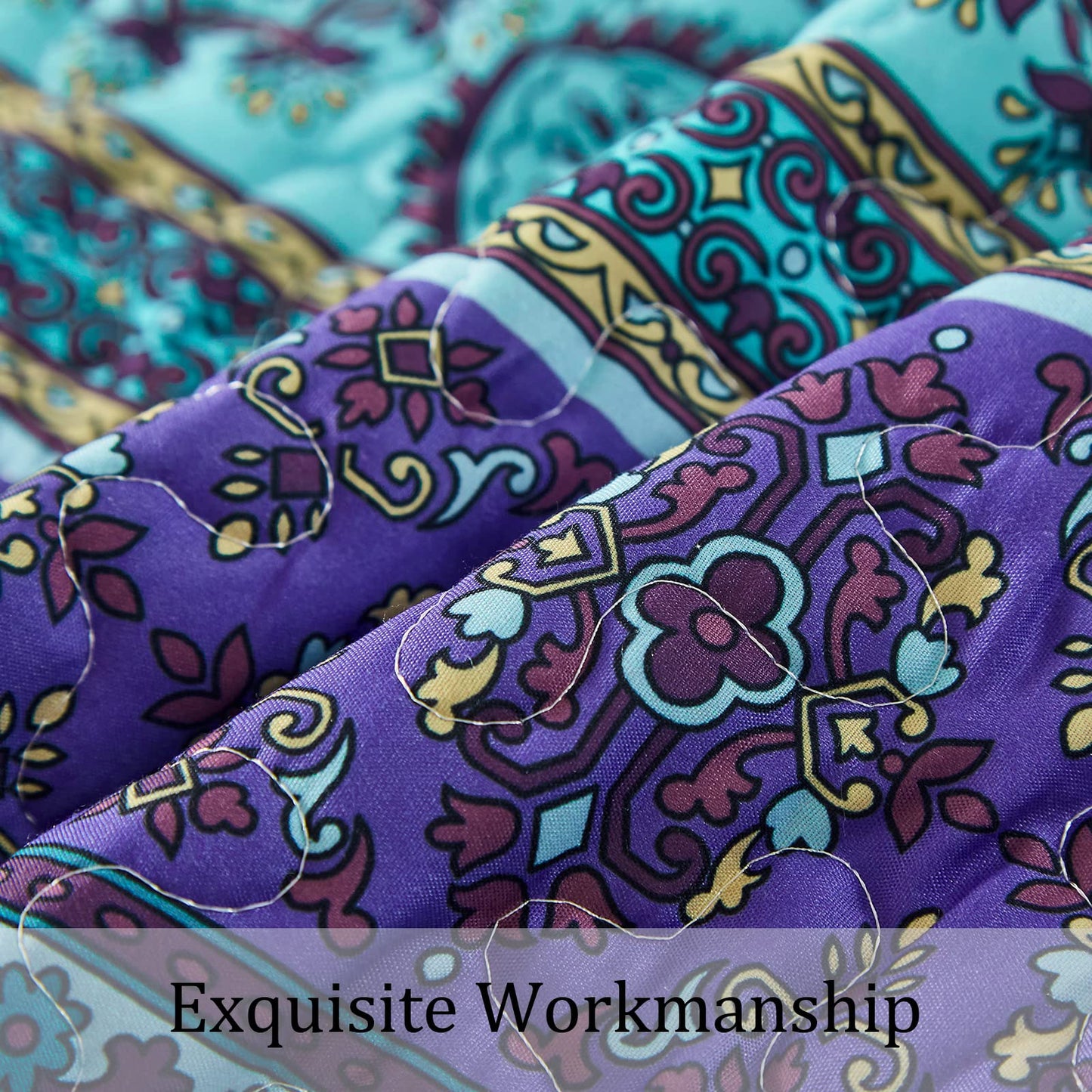WONGS BEDDING Boho Queen Quilt Set, Blue Purple Bohemian Queen Quilt Bedding Set, Lightweight Microfiber Bed Decor Bedspread for All Season 96"x90"(3 Pieces)