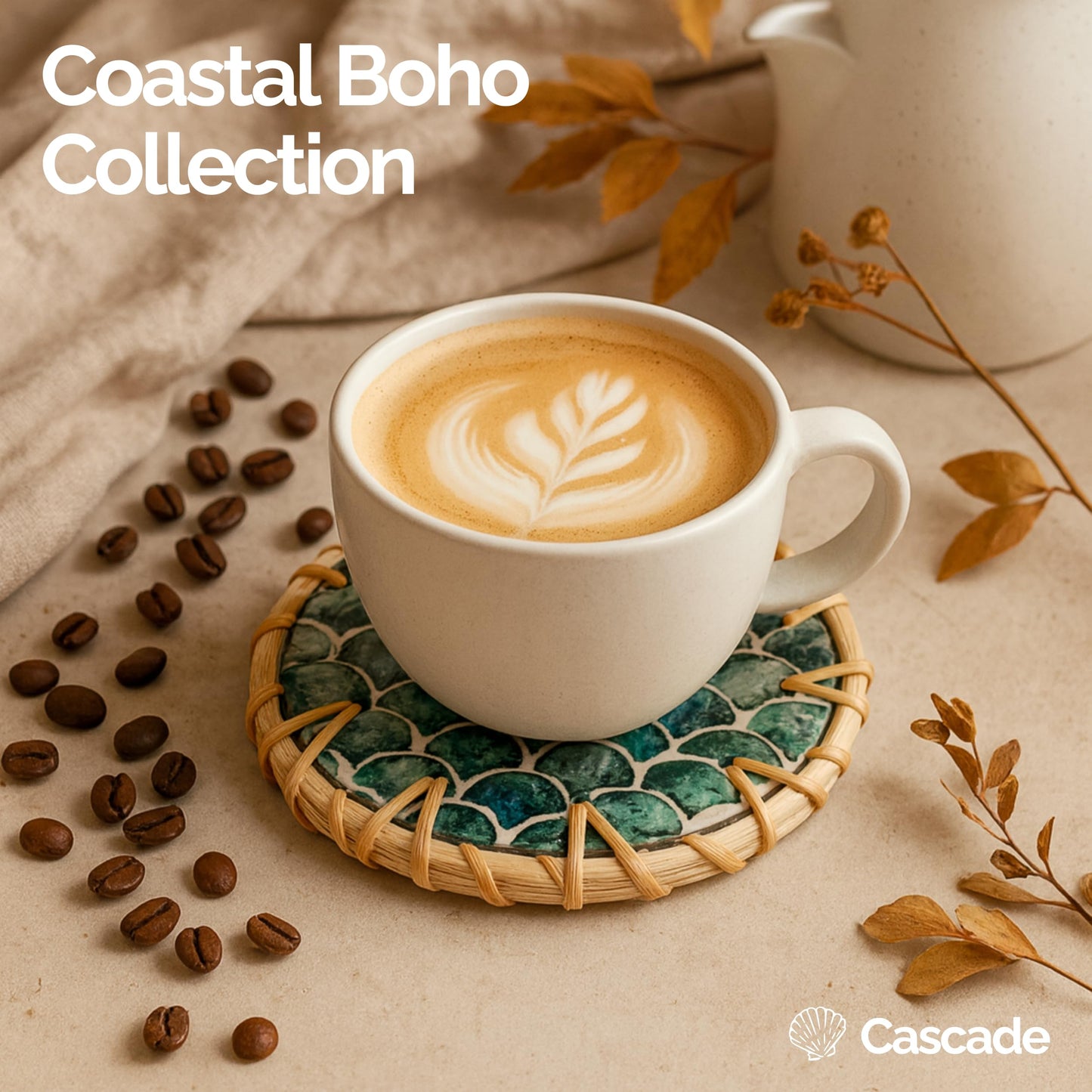 JUNGLE CULTURE Mother of Pearl Rattan Coasters for Drinks with Holder • Handmade Round Coaster Set of 6 • Sustainable Wicker Homeware • Coffee Table, Mugs, Glasses, Tiki Cups • Coastal Boho - Cascade
