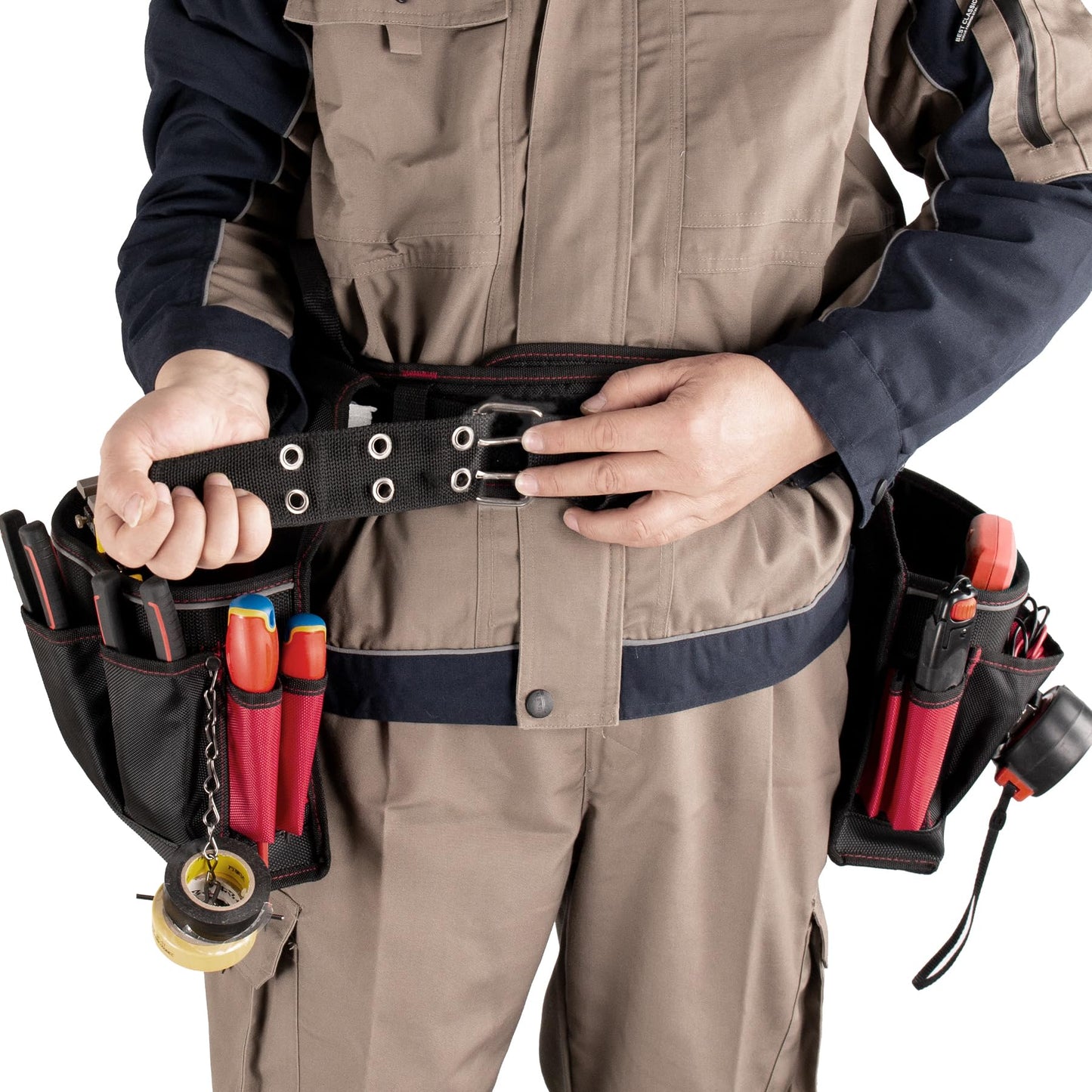HAUTMEC Heavy-Duty Tool Belt, 20-Pocket 1680D Tool Pouch with Reinforced PVC Base, Adjustable Work Belt (37”–42”) with Drill Pocket, Hammer Loop, Tape Clip & T-Chain for Jobsite Use – HT0177