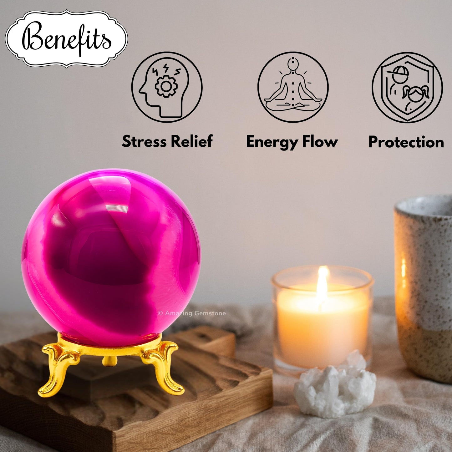 Amazing Gemstone Pink Onyx Crystal Ball with Stand - 2 Inches Crystal Sphere Meditation Balls for Witchcraft and Decorative Balls