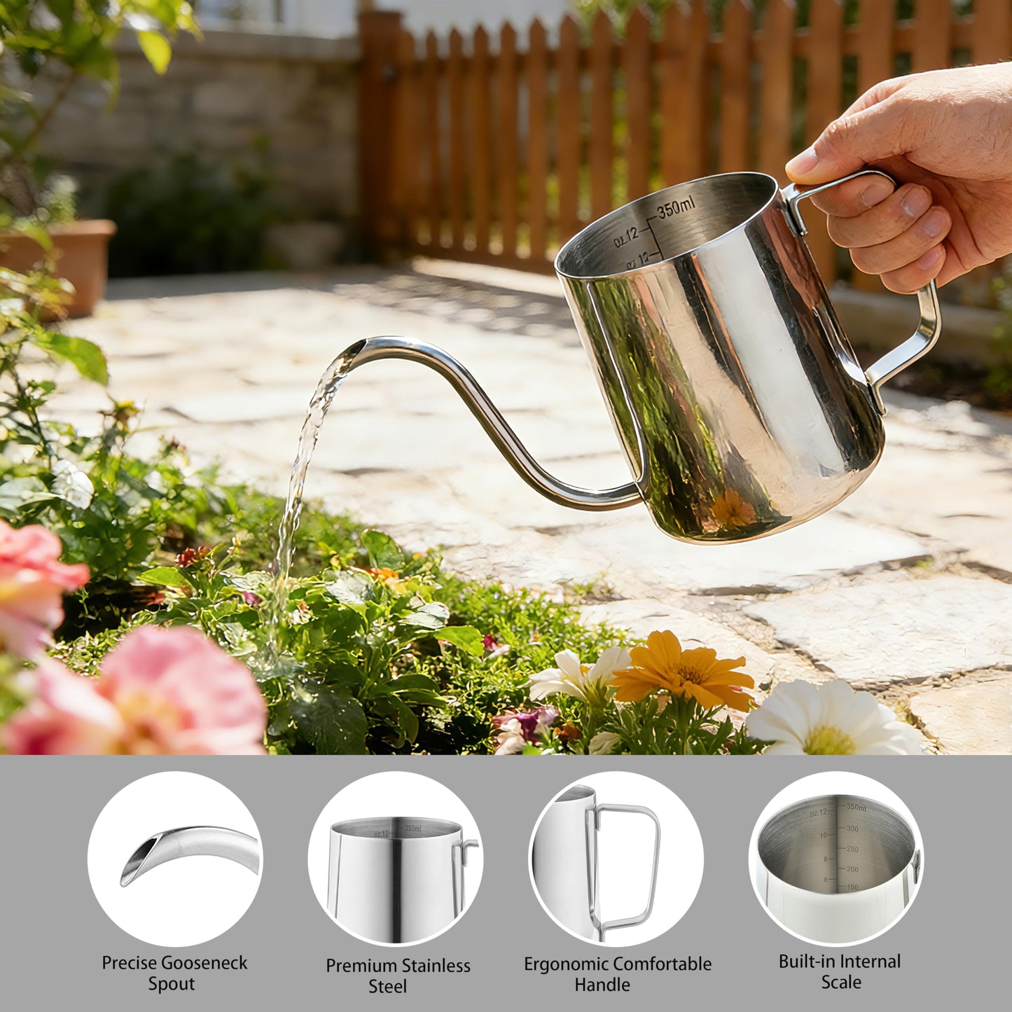 Small Watering Can, OLULU 12oz (350ml) Stainless Steel Indoor Watering Can with Long Spout, Mini Watering Can for Houseplants, Desk & Home Plants